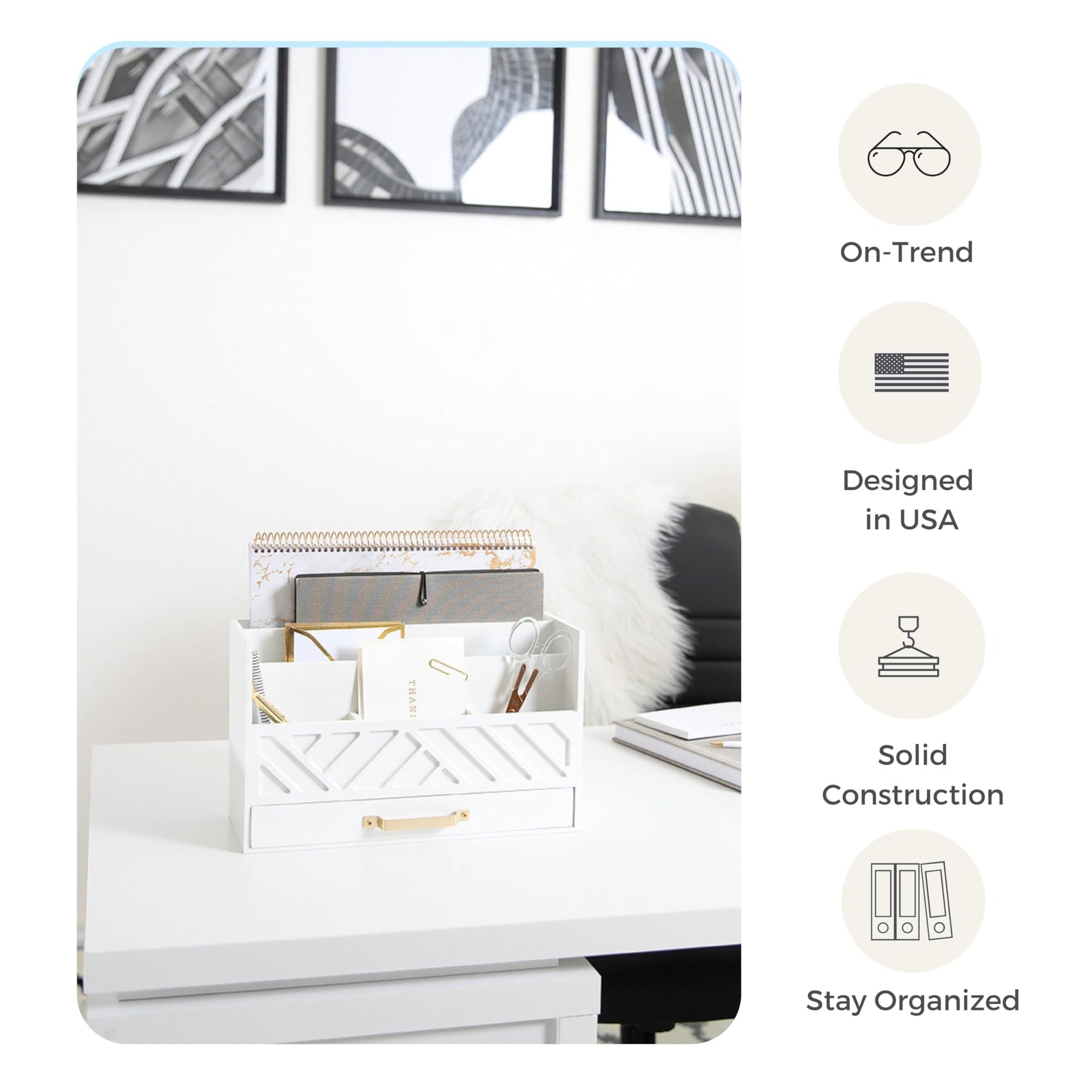 BLU MONACO | White Wooden Desk Organizer & Mail Organizer with Drawer & Gold …