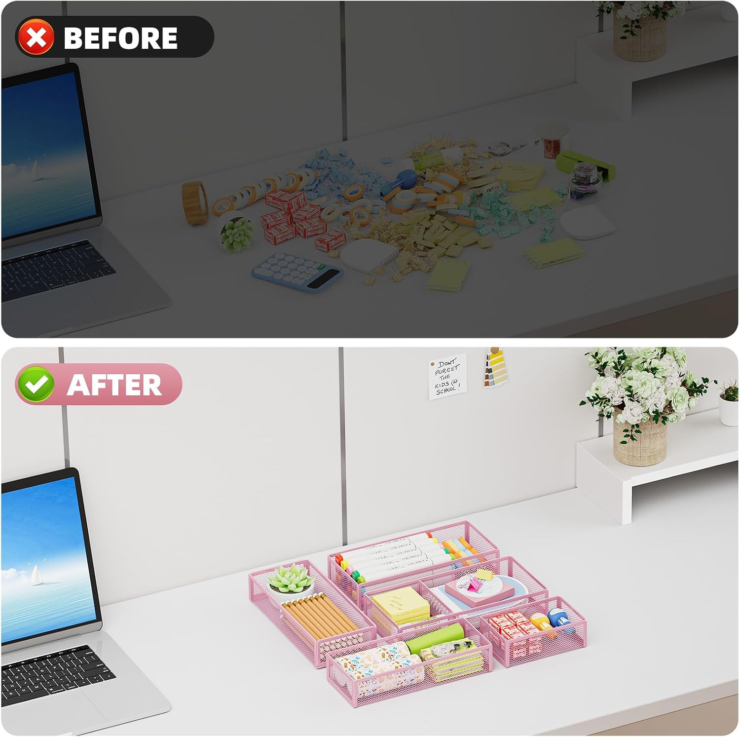 5 Pack Desk Drawer Organizer Set, Mesh Drawer Storage Trays with 1 Adjustable Di