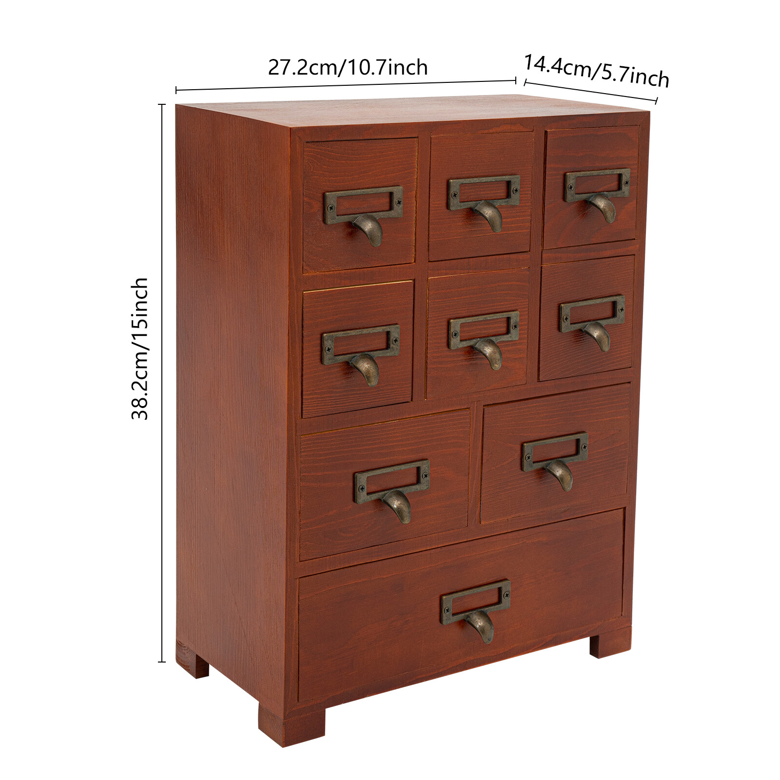 Dark Brown Retro Pine Wood Iron 9 Drawer Rectangular Storage Box Tabletop