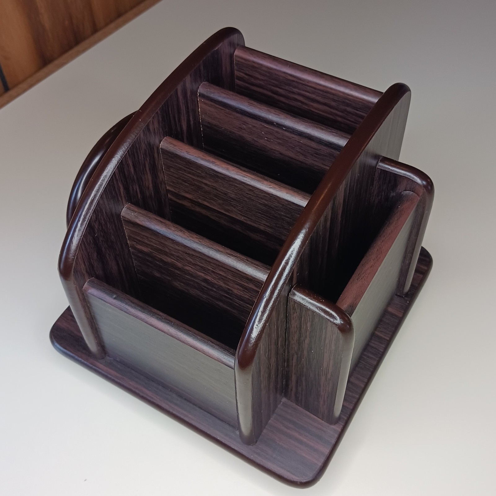 Rotating Desk Organizer Wood Finish Brown Storage Rack Pencil Pen Holder