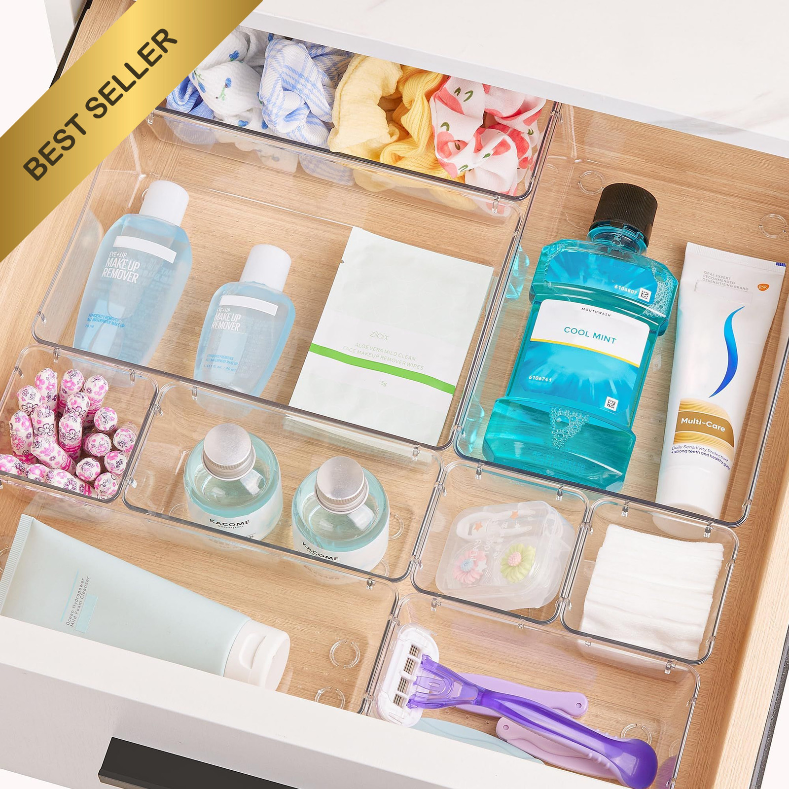 Vtopmart 44pc Clear Drawer Organizer Set 4 Size Plastic Vanity Makeup Storage