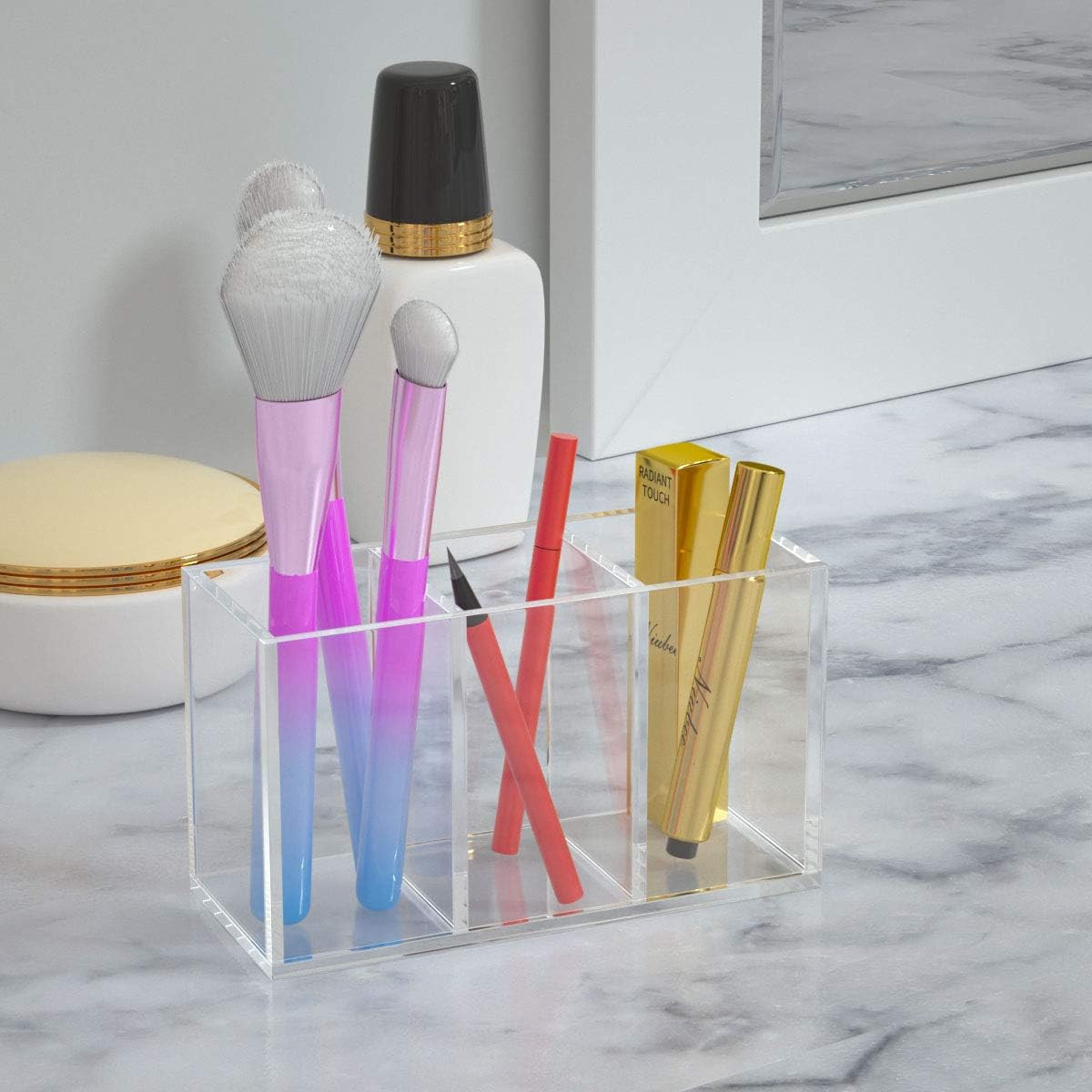 Acrylic Pen Holder 3 Compartments, Clear Pencil Organizer Cup for Countertop Des