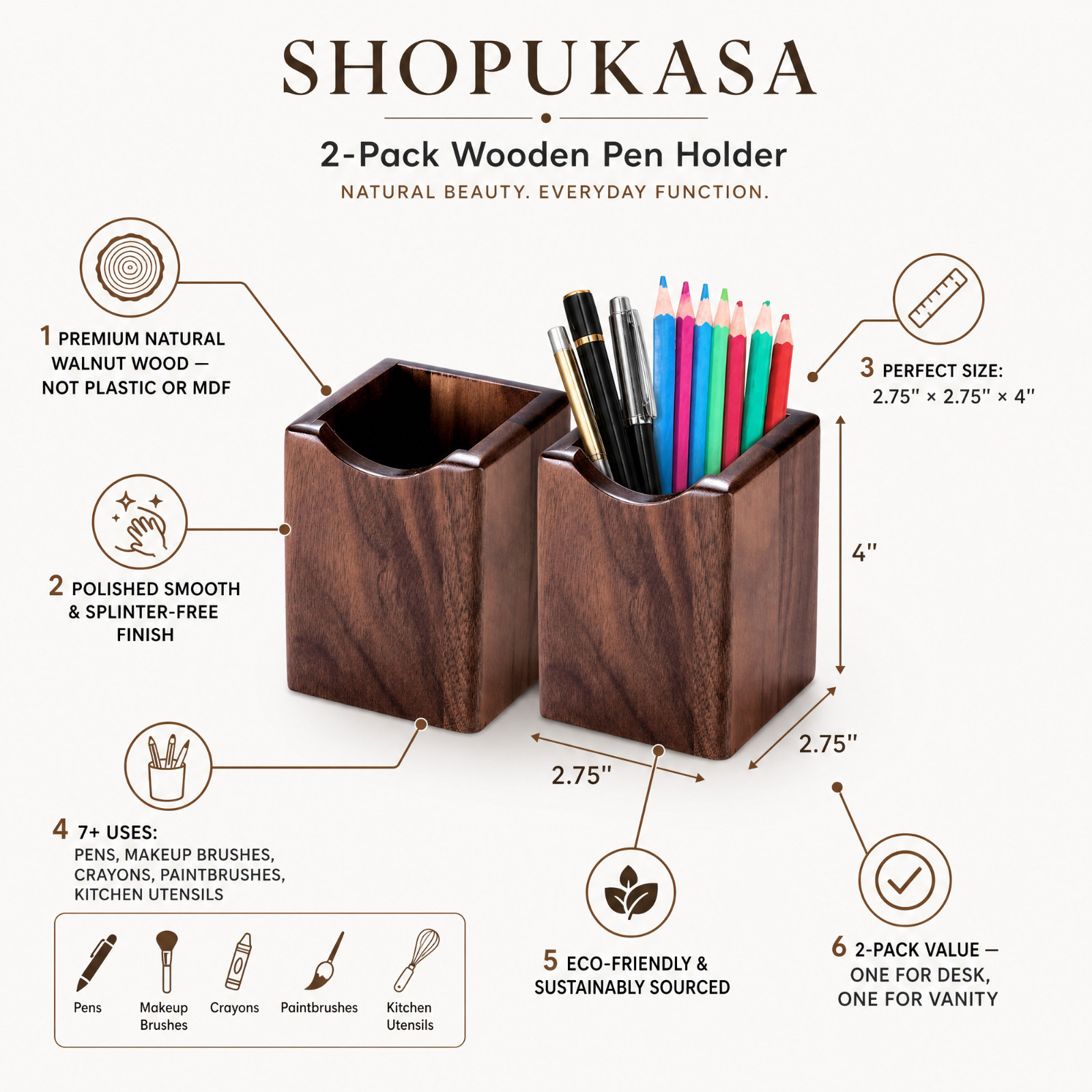 2 Pack Wood Pen Pencil Holder Stand Multi Purpose Natural Wood Pencil Cup Pot
