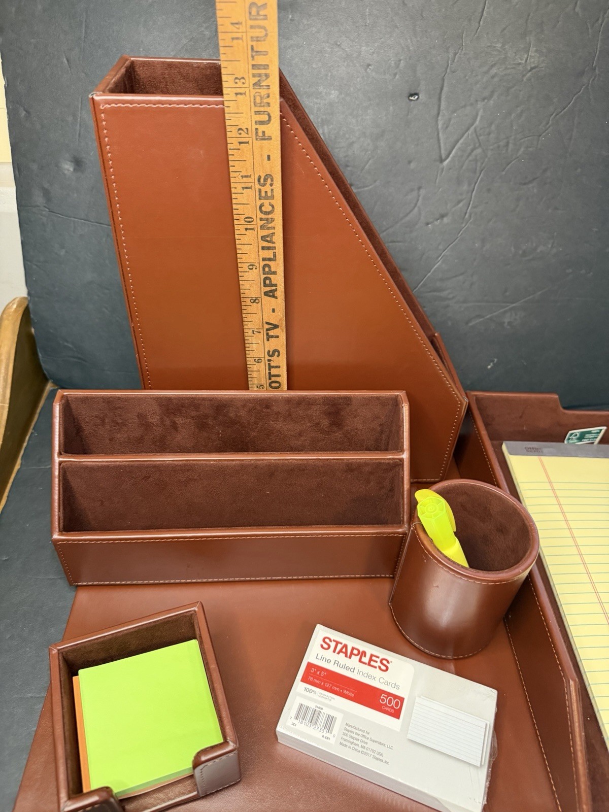 6pcs Wood OFFICE DESK ORGANIZER Workplace Set + Sticky Notes Index Card Preowned