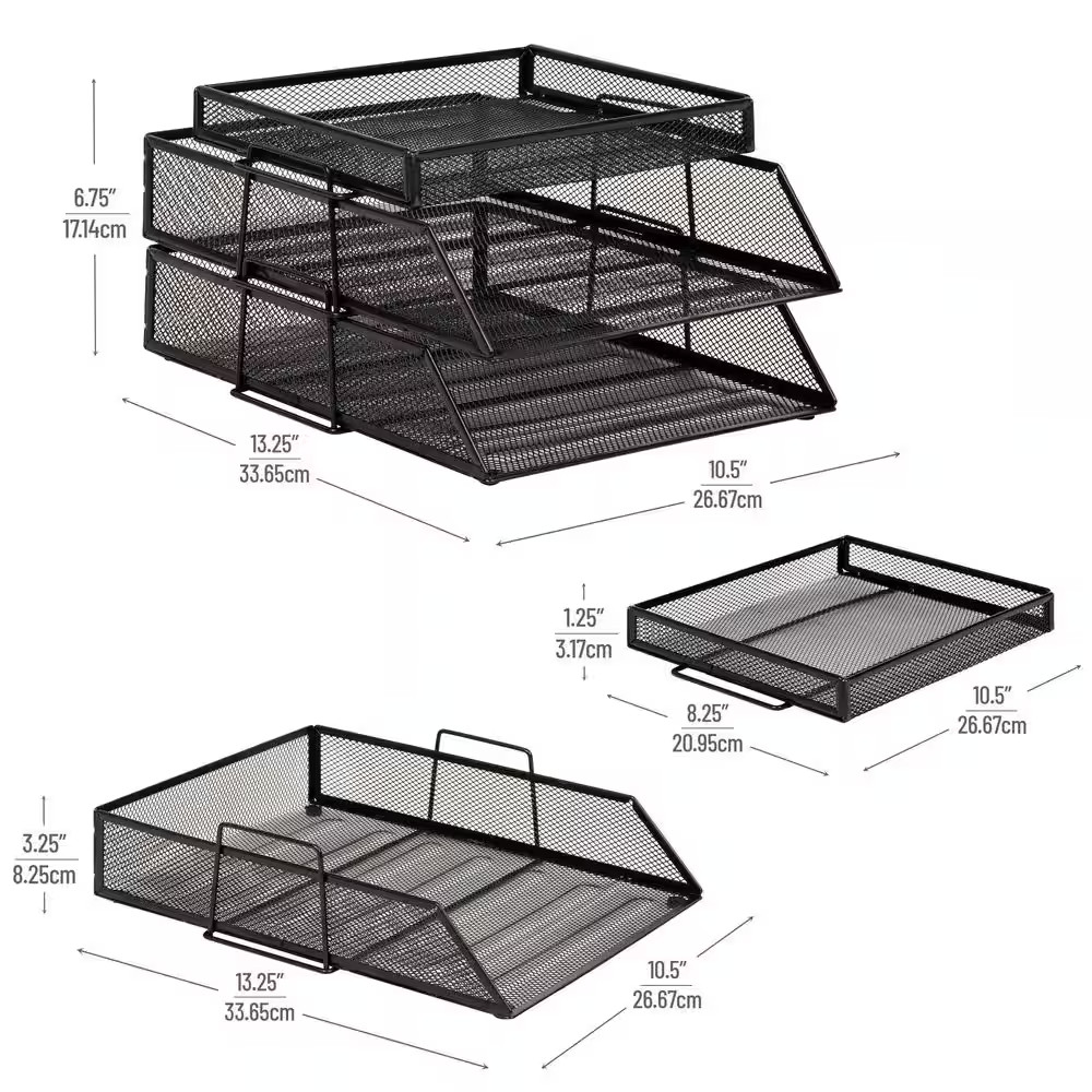 2 Tier Paper Tray with Top Supply Compartment, Desktop File Organizer, Metal Mes