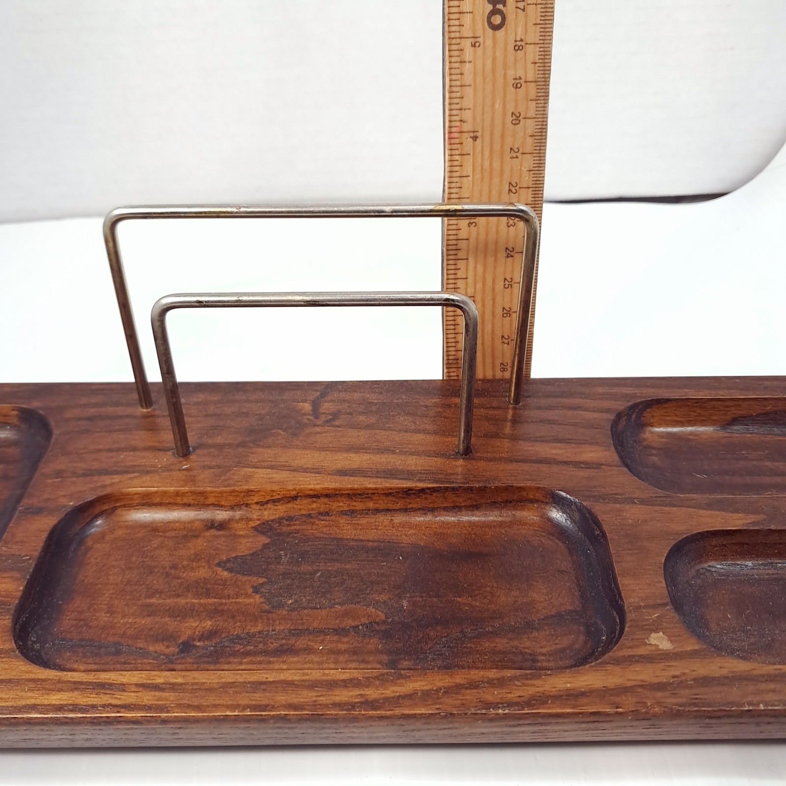 Vintage wood brass rail Desk Organizer Valet Tray office stationary mail paper