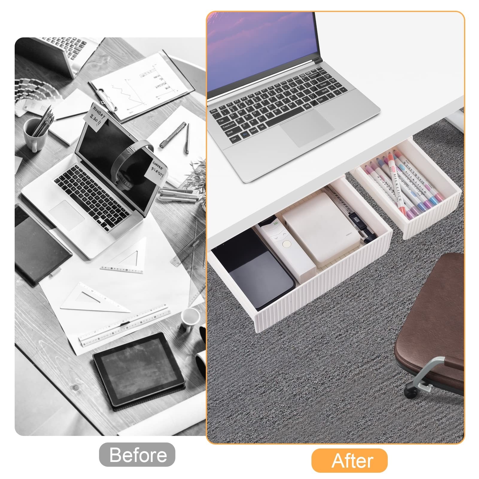YOOUSOO 2 Pack Under Desk Drawer, Under Desk Storage, Under Desk Organizer, H…