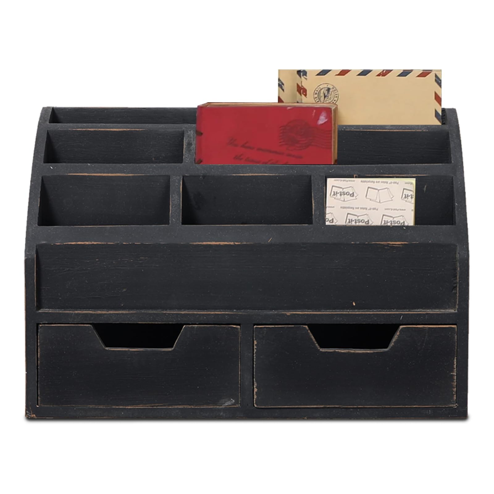 Mail Organizer 14.6×5.9×10.2″ Rustic Gray Black Wall Mount with Drawers – Desk