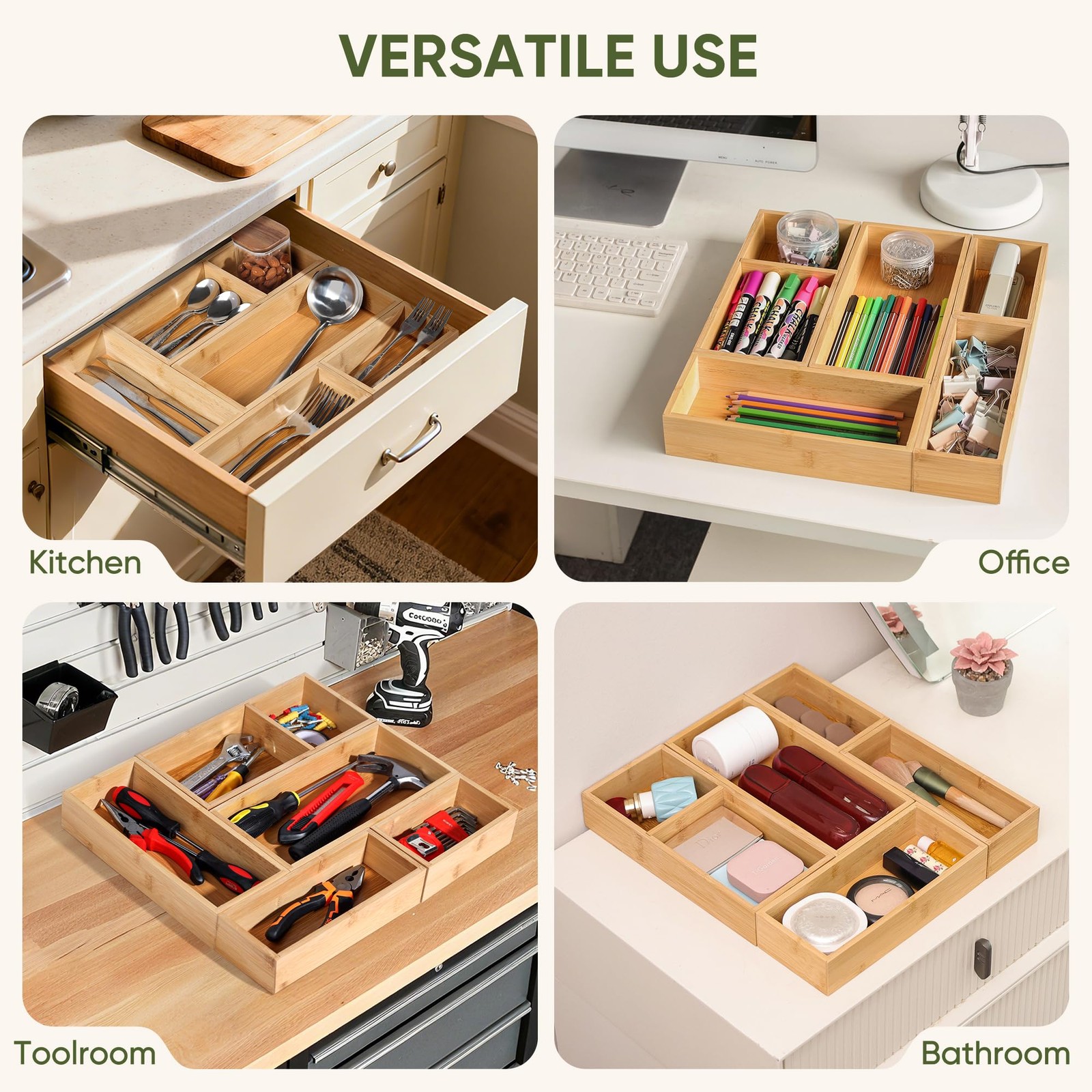 Drawer Organizers Set, 3PCS Multi-Use Wood Storage Organizers, Desk Drawer Tr…