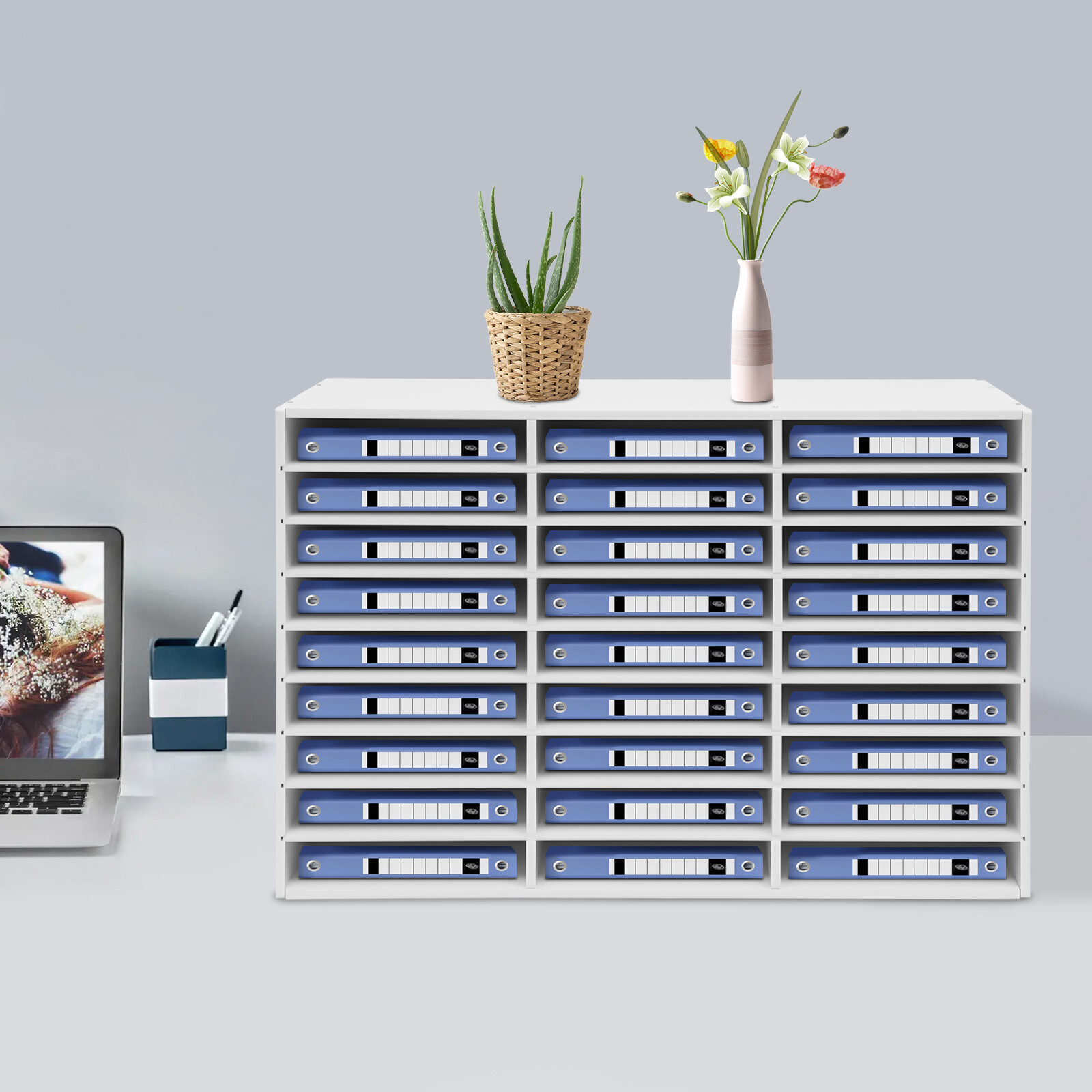 White Desktop Literature Organizer with 27 Compartments for Home or Office