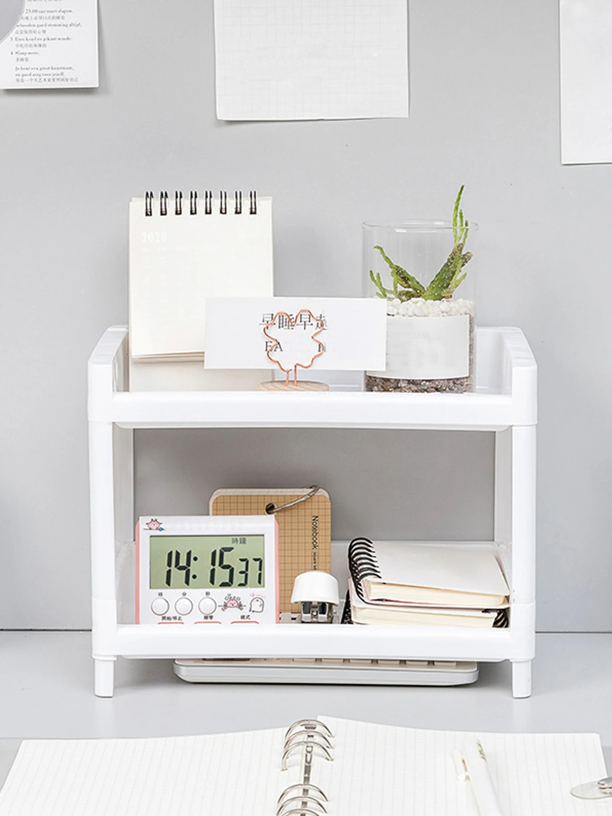 Rectangular White Double Layer Desktop Storage Rack Office Cosmetics Stationery