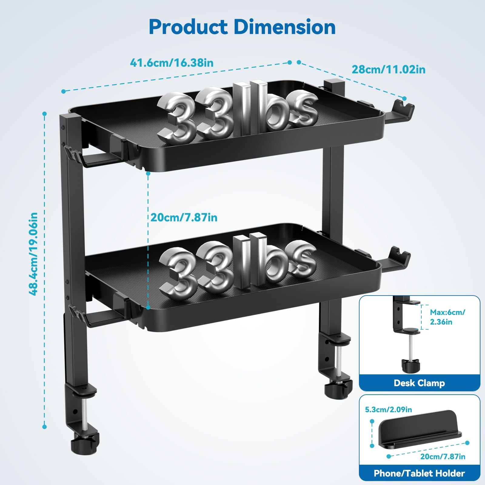 KDD Clamp On Desk Organizer – Adjustable 2-Tier Above or Under Large, Black