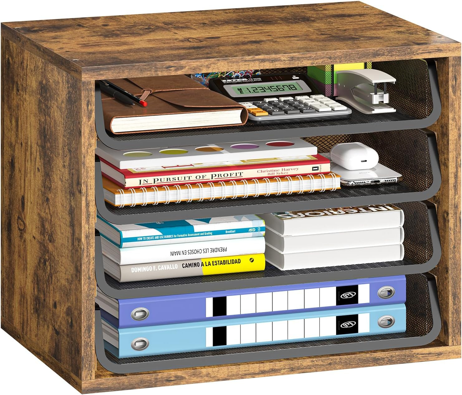 Desk File Organizers, 4-Tier Letter Tray Paper Organizer with File Holder, Woode