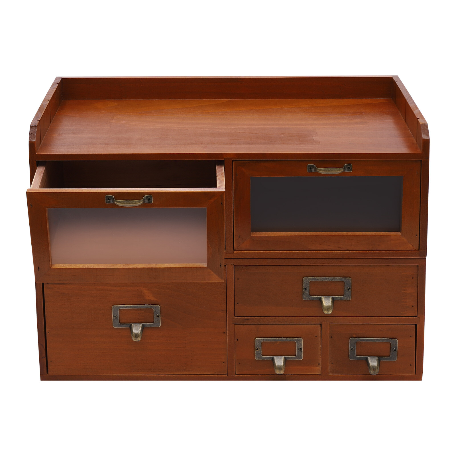 Retro Brown 6-Drawer Desktop Organizer Pine Wood Clear Acrylic Door