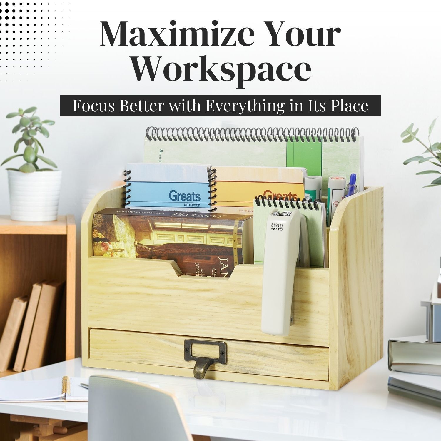 3 Tier Wood Desk Organizer – Wooden Mail Organizer with Drawer for Mail