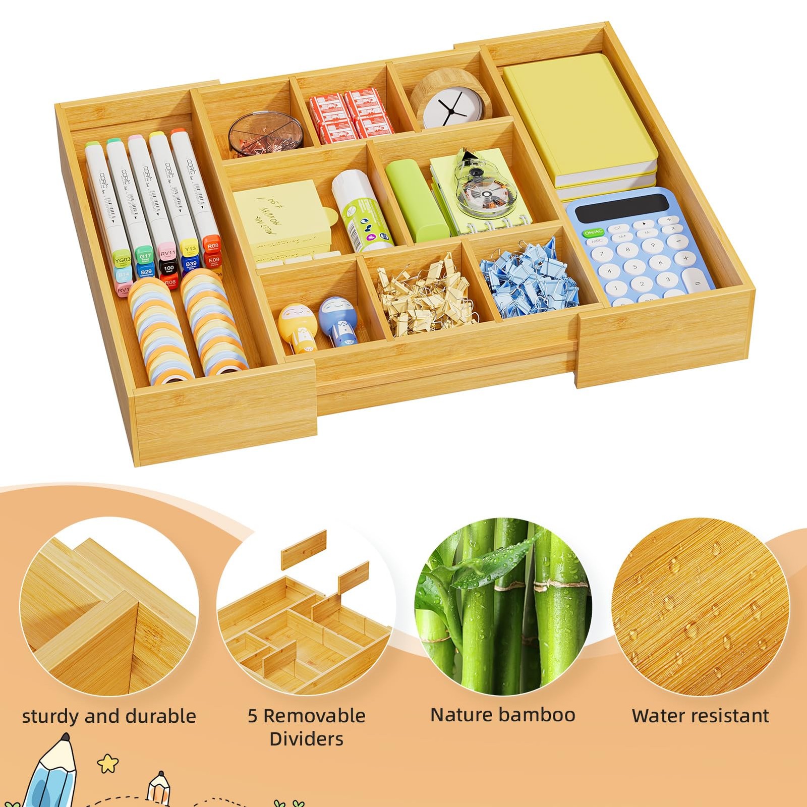 Marbrasse Bamboo Expandable Drawer Organizer Desk Drawer Organizer Tray 5