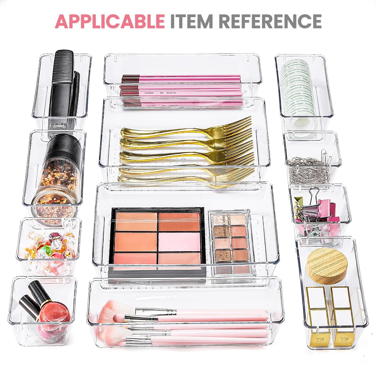 HOUSE DAY Makeup Drawer Organizer Trays 24 PCS, 24 Pcs – 4 Sizes, Clear