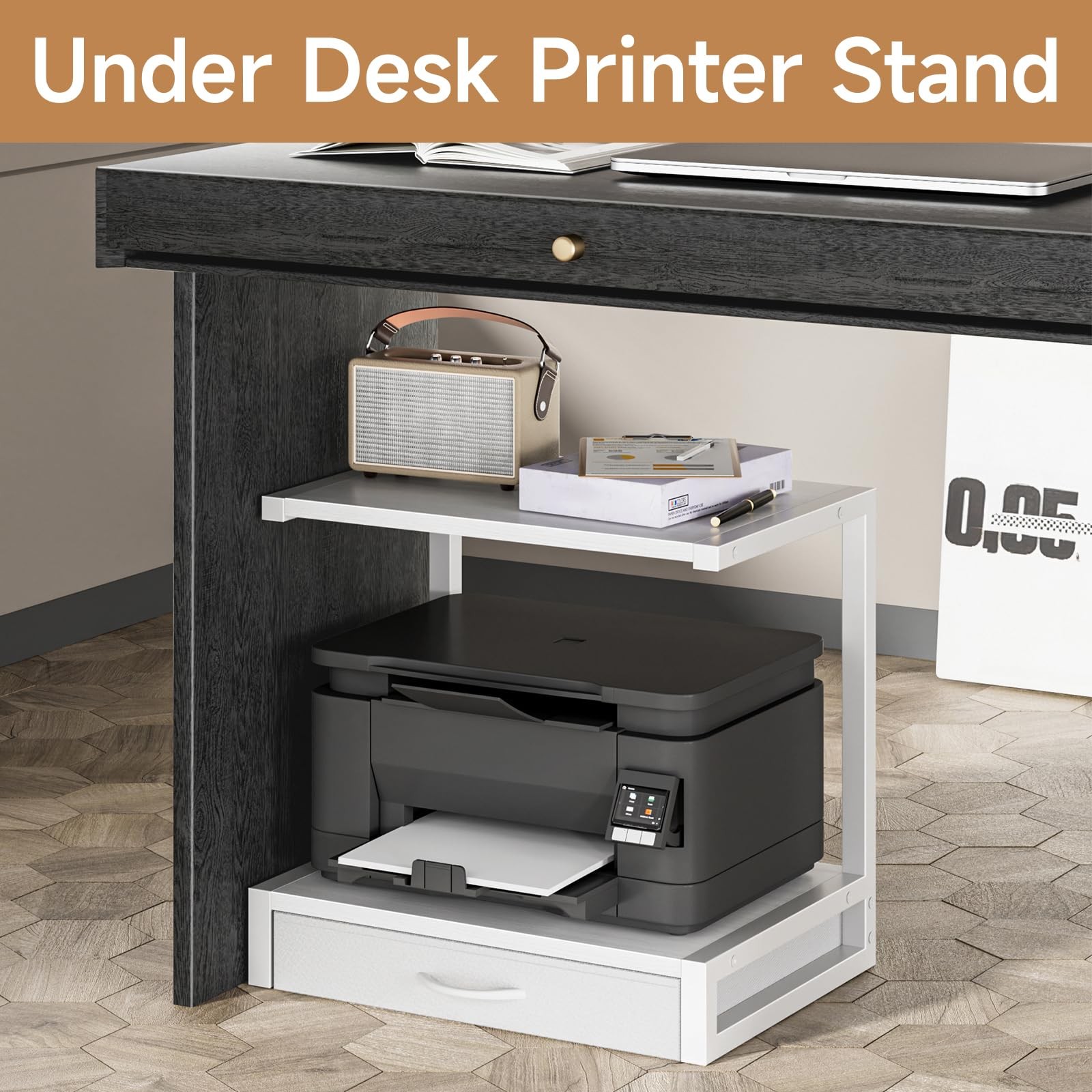 YAOHUOO 2-Tier Desktop Printer Stand with Fabric Drawer, Middle, White