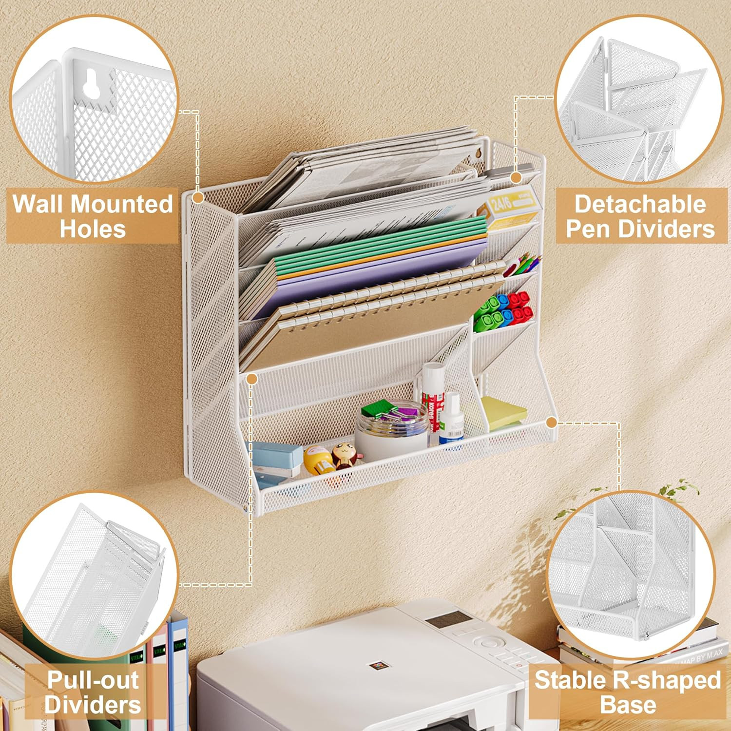 Adjustable 5 Tiers Wall File Organizer Metal Hanging Holder White | 5 Tiers Desk