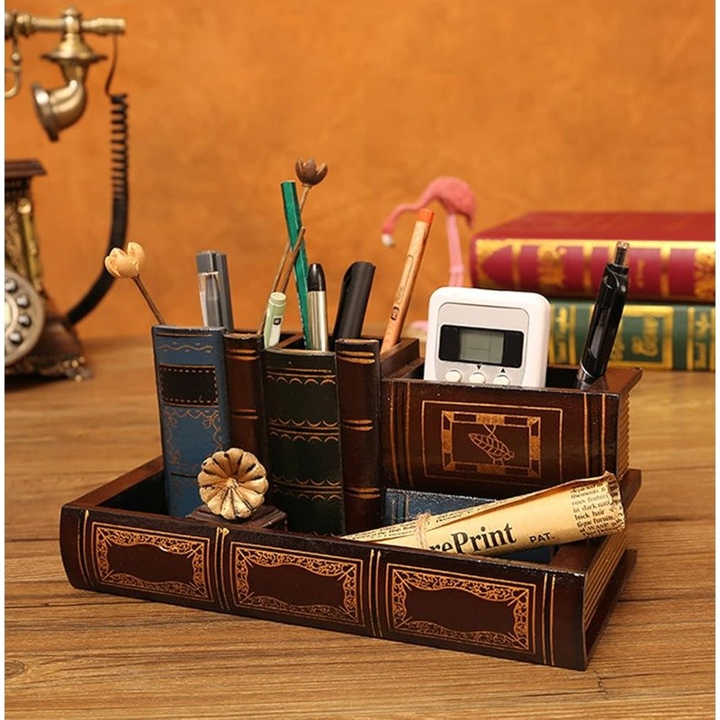 Rustic Wooden Desk Pen Holder Organizer W/ Drawer & Sections Office Supplies New