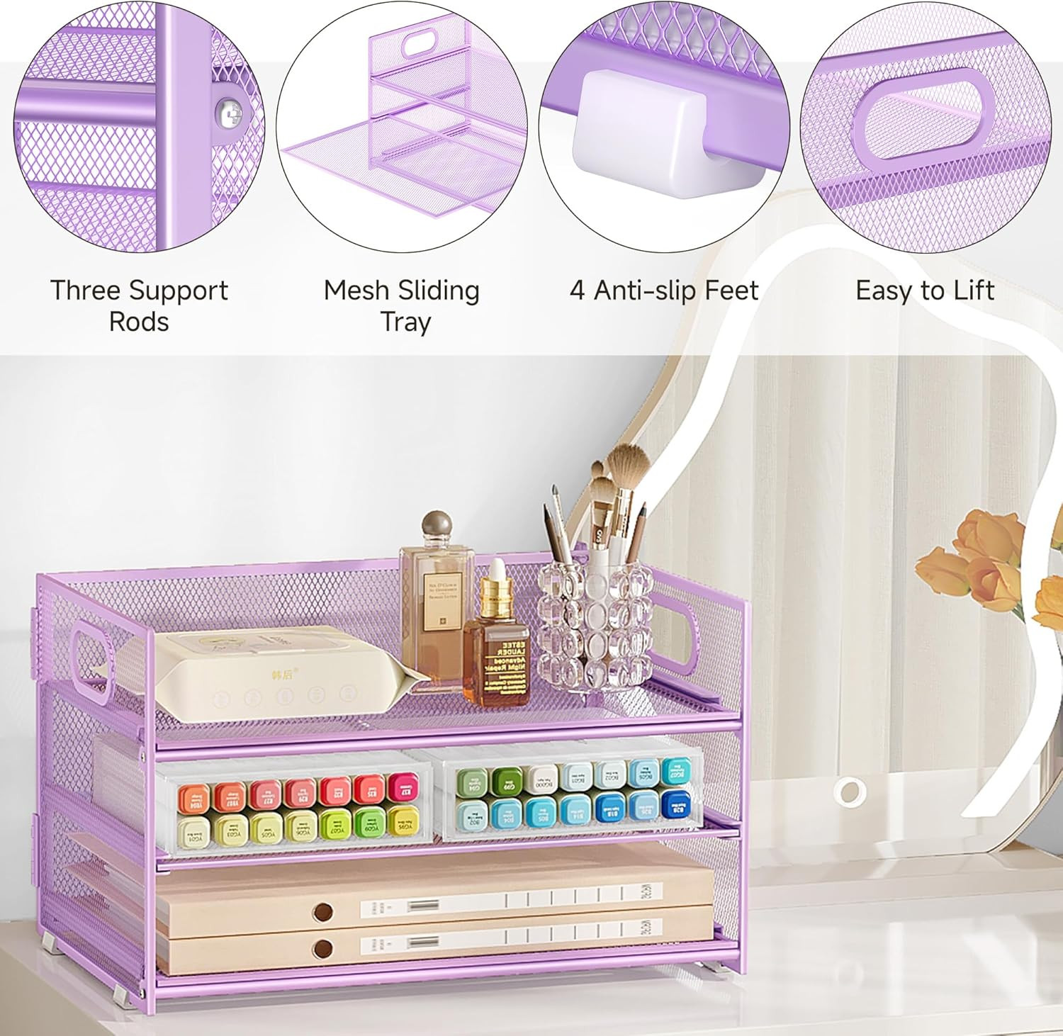 3 Tier Letter Tray Paper Organizer with Handle and 1 PC Sliding Tray, Purple Met