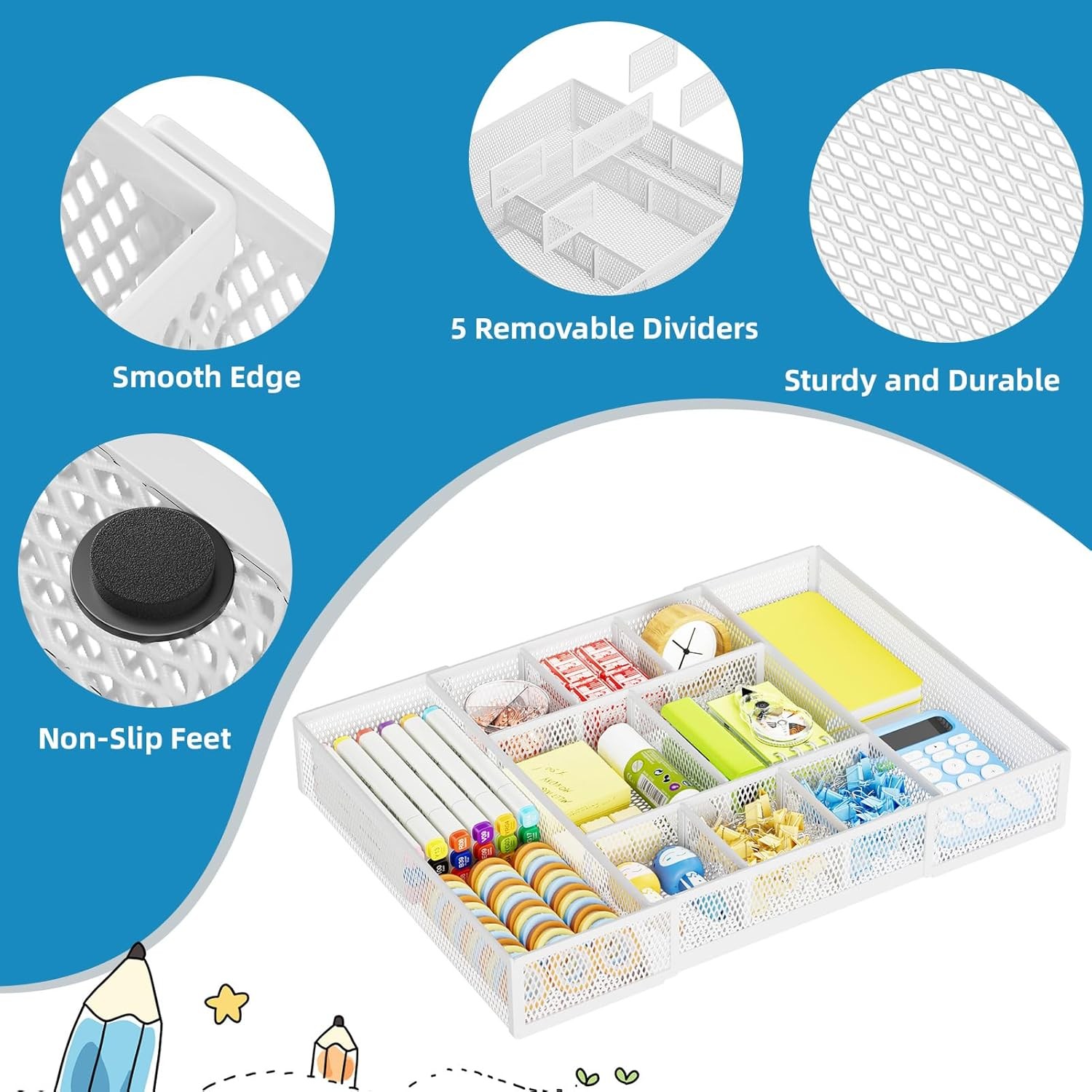 Expandable Desk Drawer Organizer, Mesh Drawer Organizer Tray with 10 Compartment