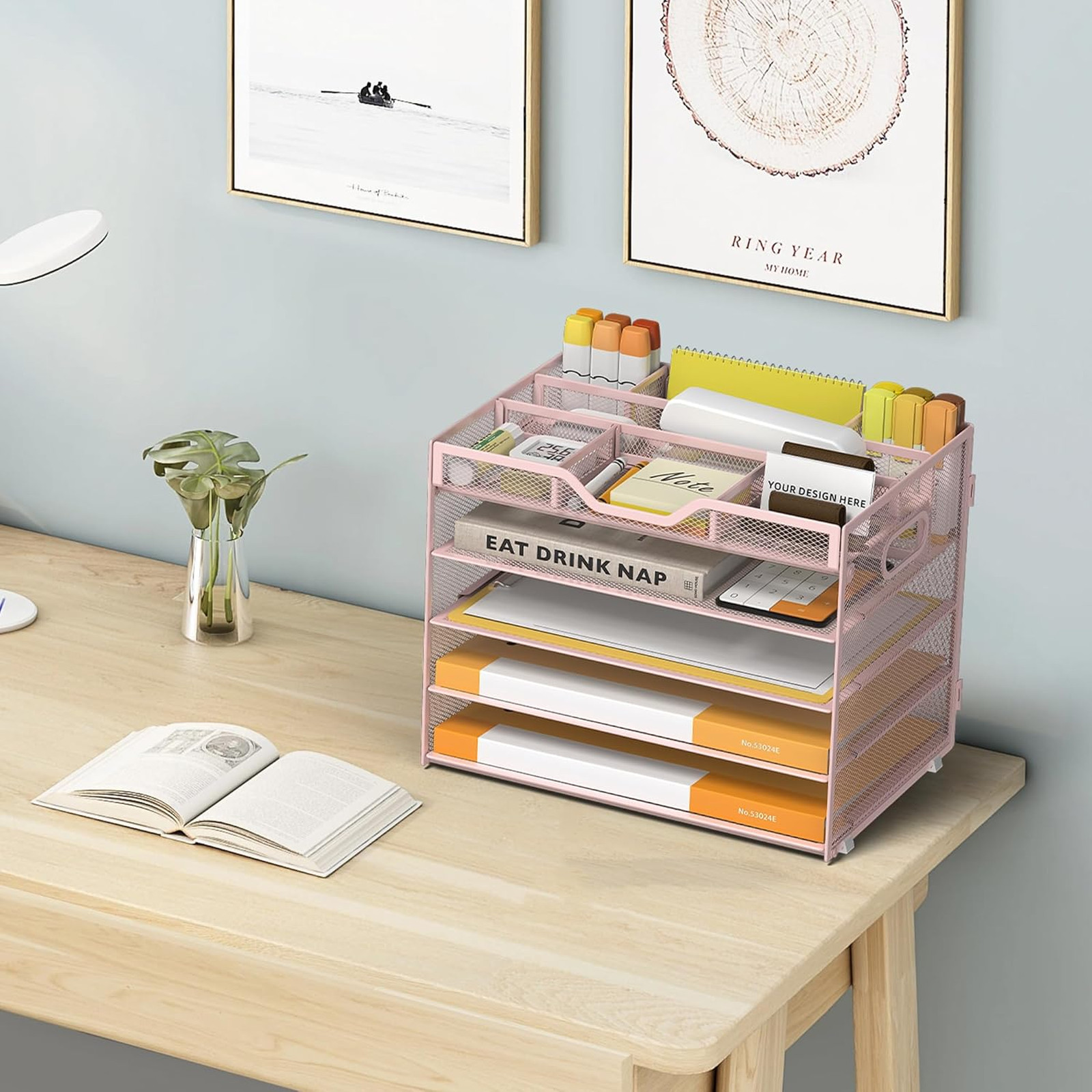 5 Tier Paper Letter Tray with Pen Holders Mesh Desk Organizer for Office School