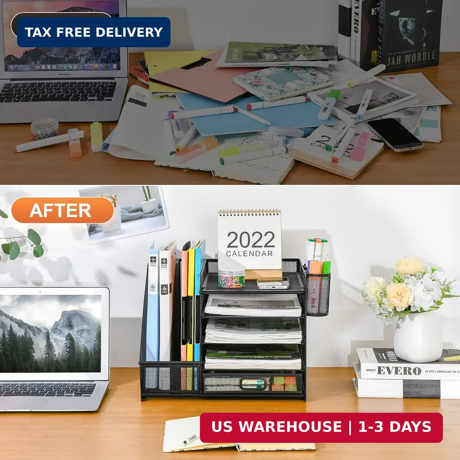 5 Tier Desk Organizer File Holder Paper Tray Drawer Pen Holders Black