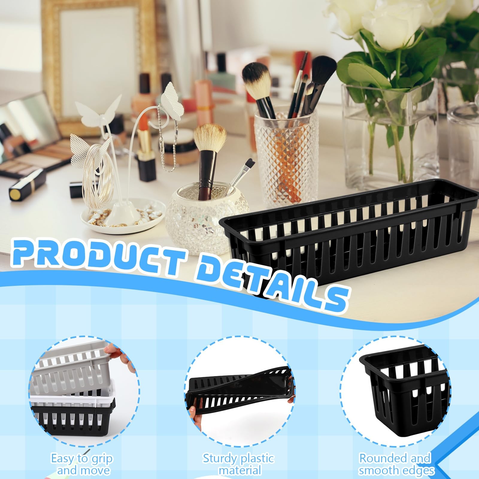 12 Pcs Black Slim Plastic Storage Baskets Tray 10 x 3 x 2.5 Inch Compact Stac…