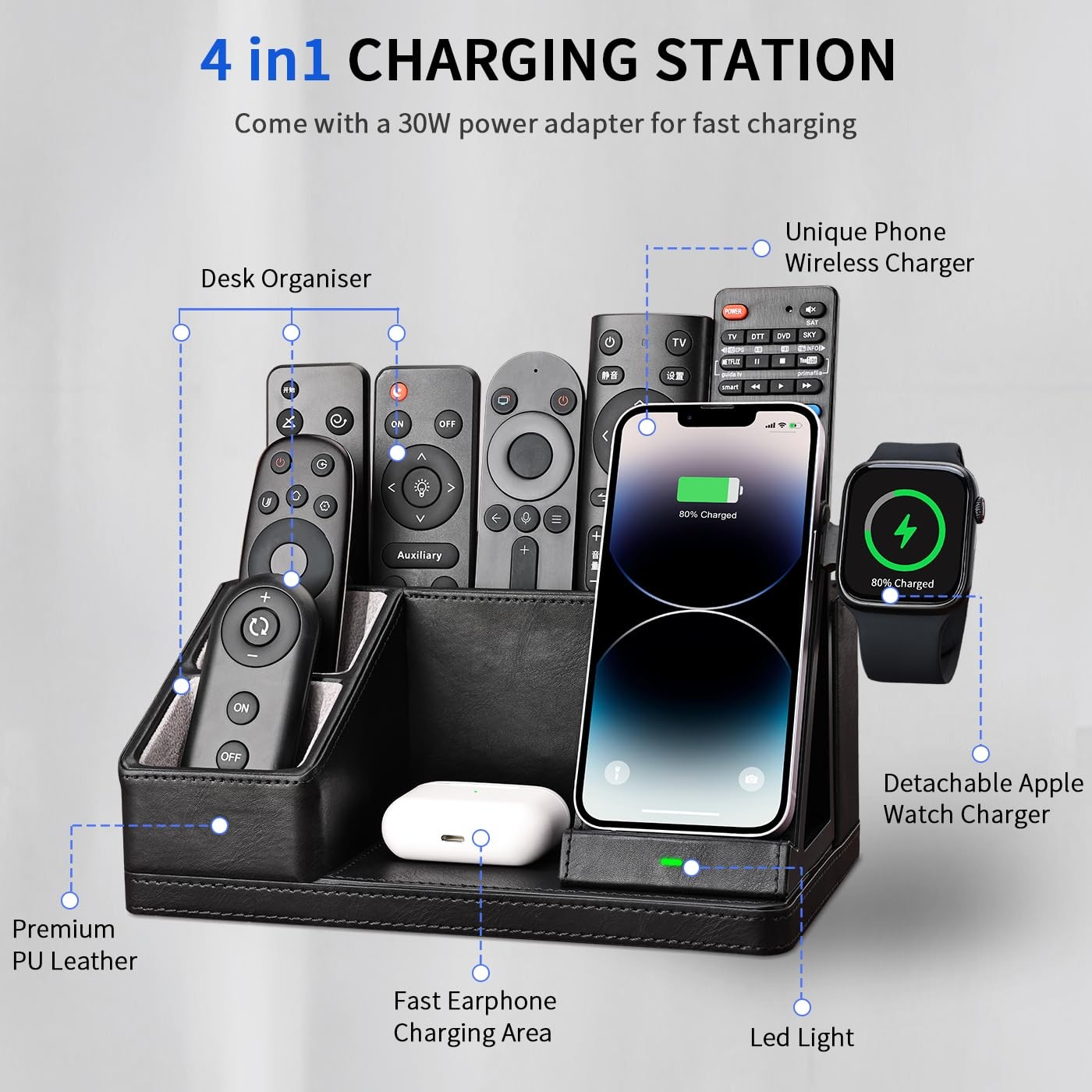 Leather Desk Organizer with Charging Station Multi-Functional Pen Pencil Hold…