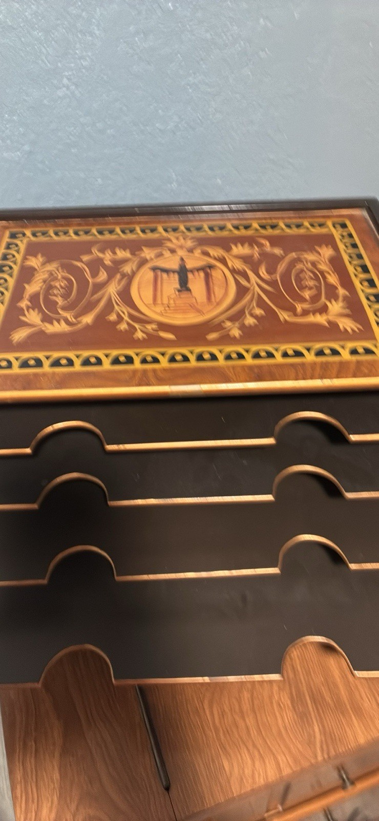 Vintage Inlay, Wood Desktop Organizer Five Trays Four Retractable