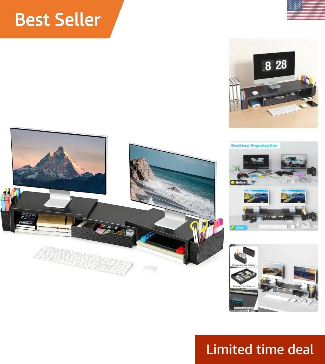 Ergonomic Dual Monitor Stand with Drawer & Pen Holders – Black Desktop Organizer