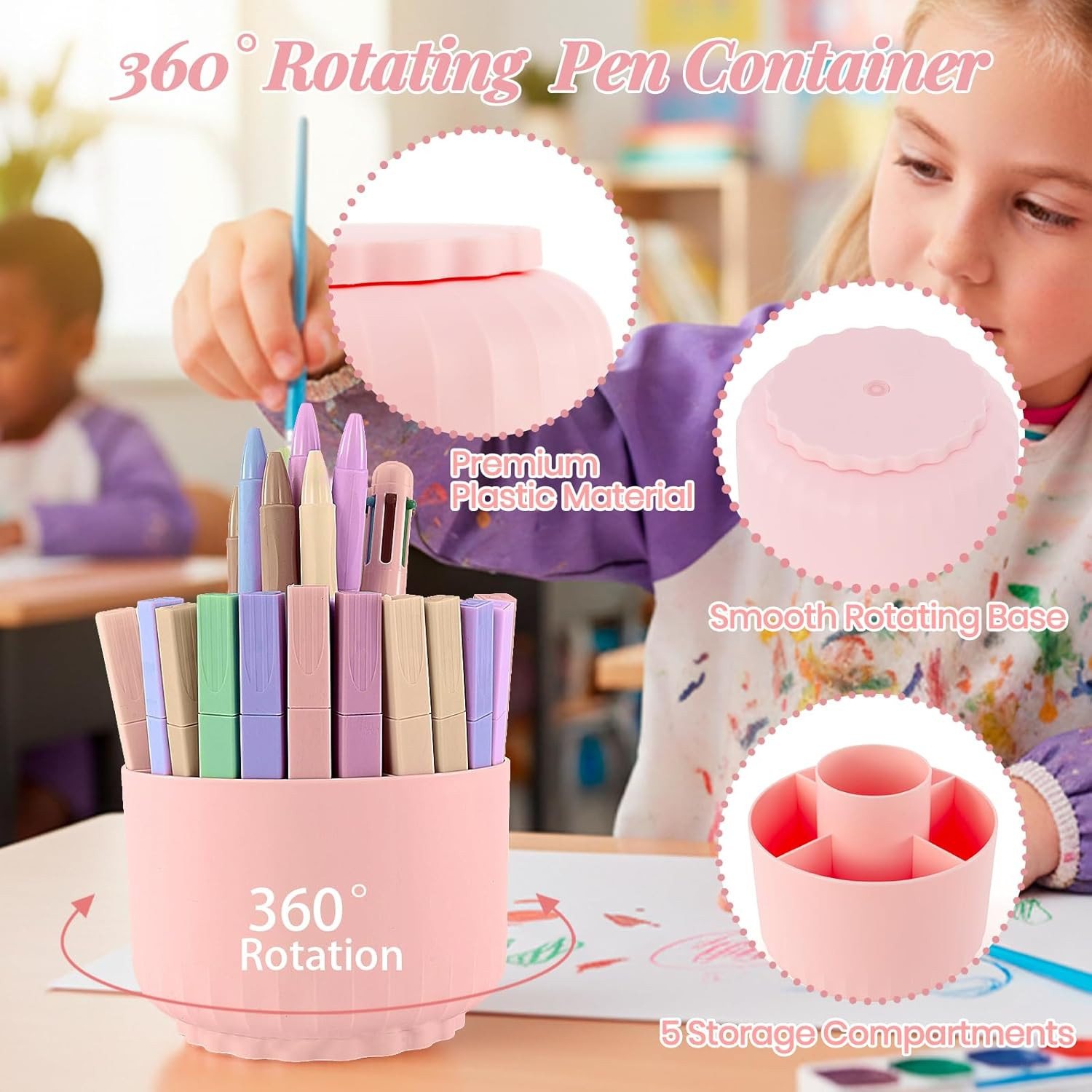 Pink Desk Accessories, 11Pcs Desk Organizer with 360°Rotating Pen Holder, Staple
