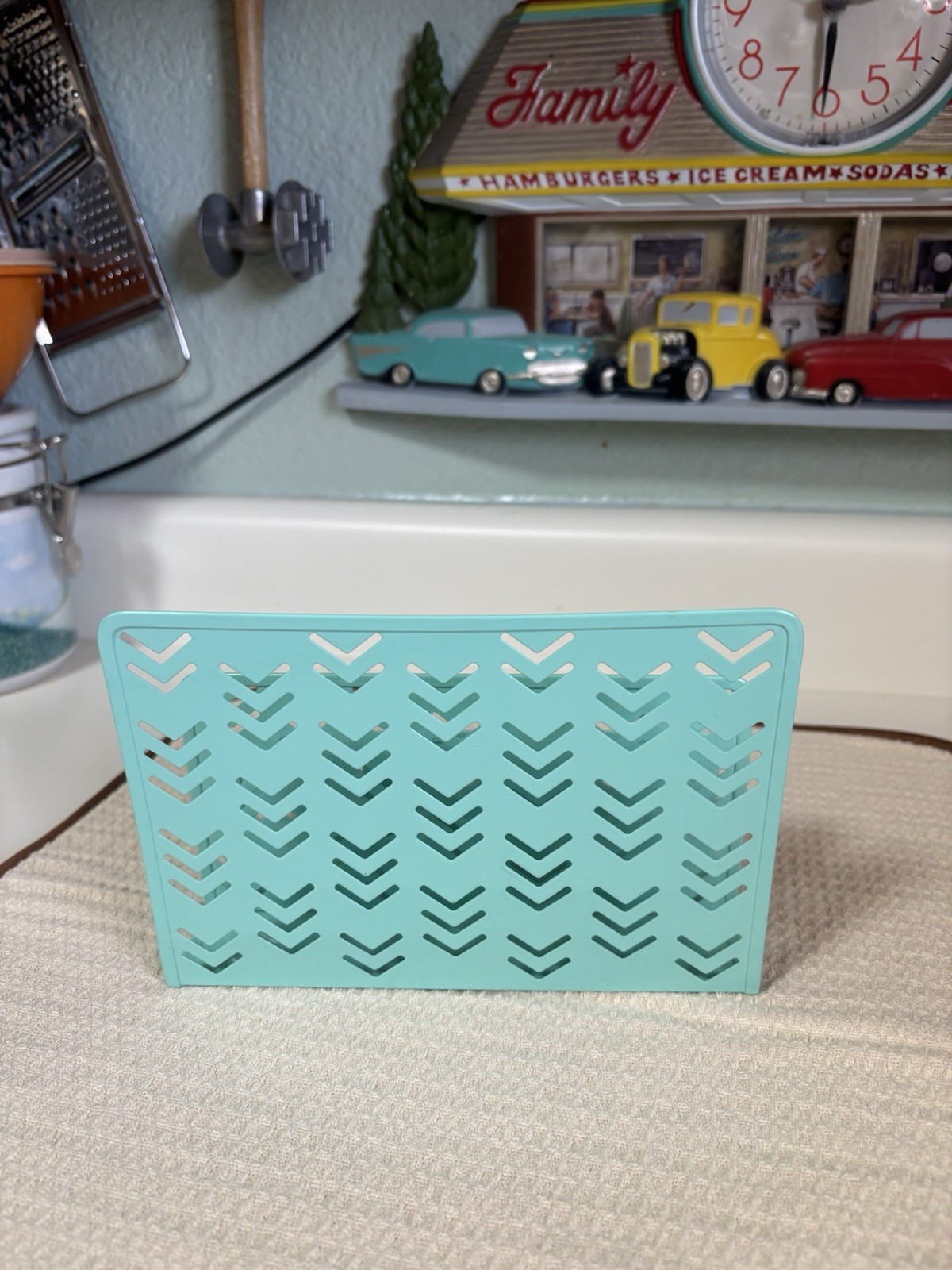 Aqua/Teal Metal Desktop Organizer 3-Slot Letter Mail Paper Holder Chevron