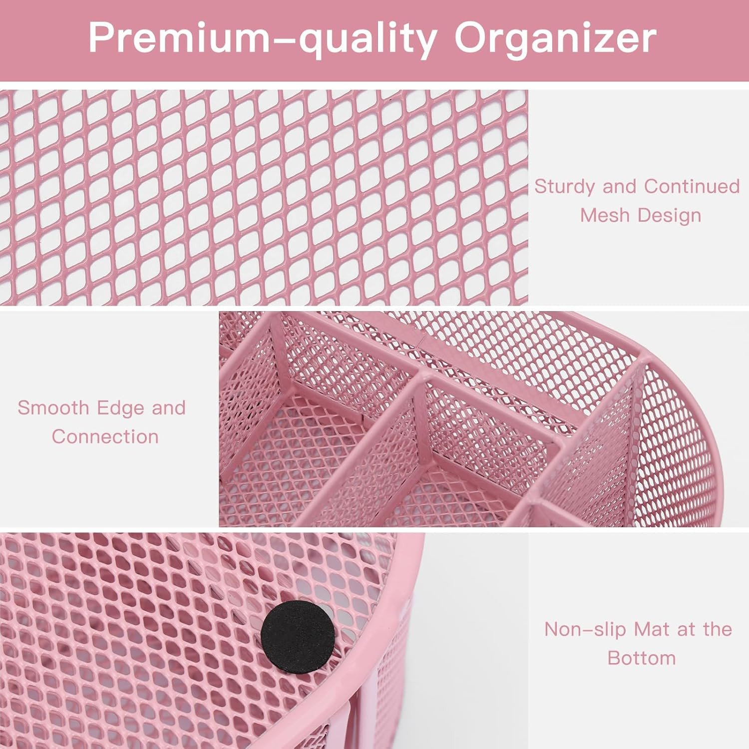 Pink Desk Organizer, Pen Holder for Desk and Accessories, Mesh Desk Organizer wi