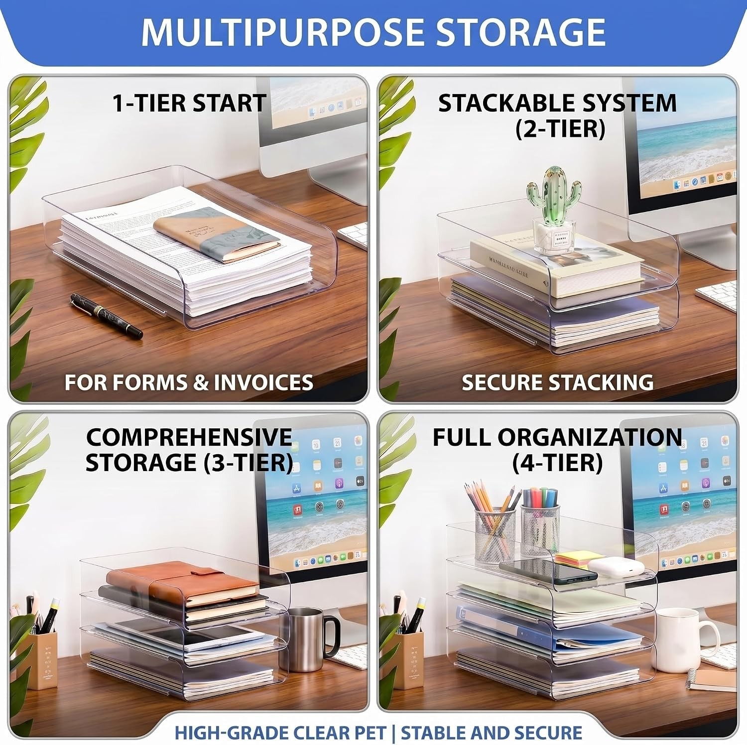 Letter Tray Organizer Acrylic Clear PET Stackable Desk File Holder for Documents