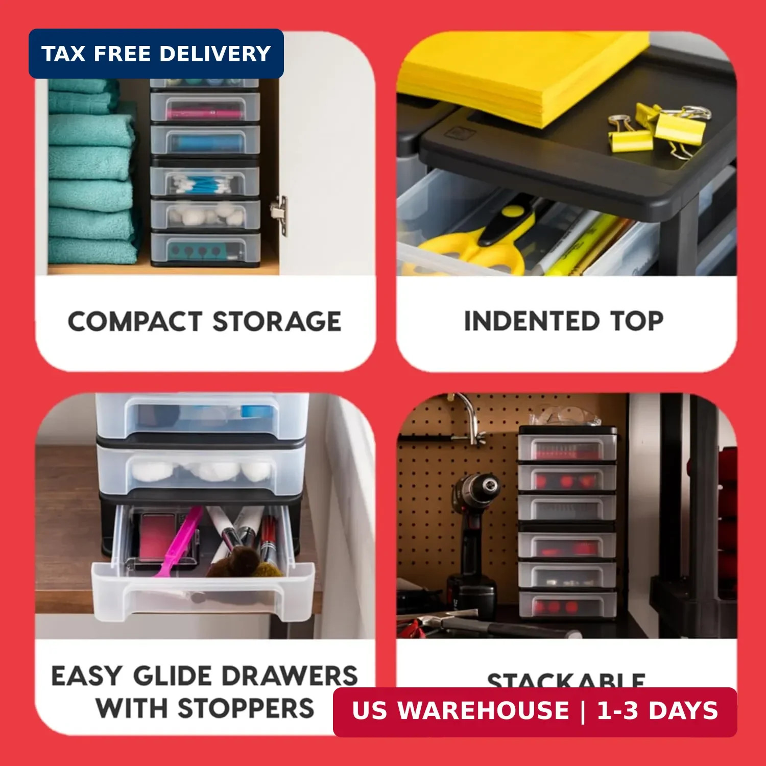 IRIS USA Plastic Stacking Desk Top 3-Drawer Storage Organizer, 2-Pack, for Makeu