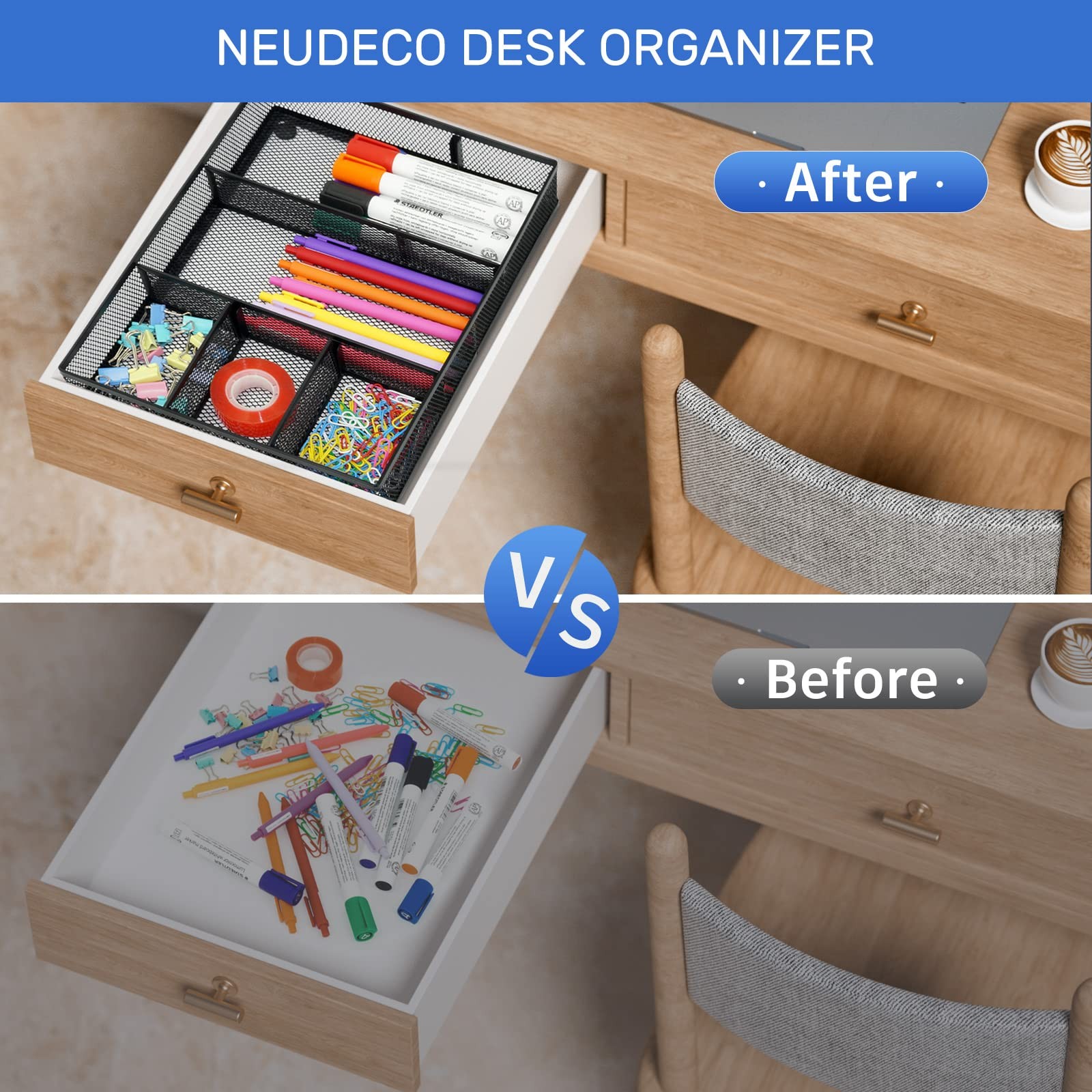 Neudeco Desk Drawer Organizer, 4 Pack Metal Mesh, Black 12.5x9x8 inch, black