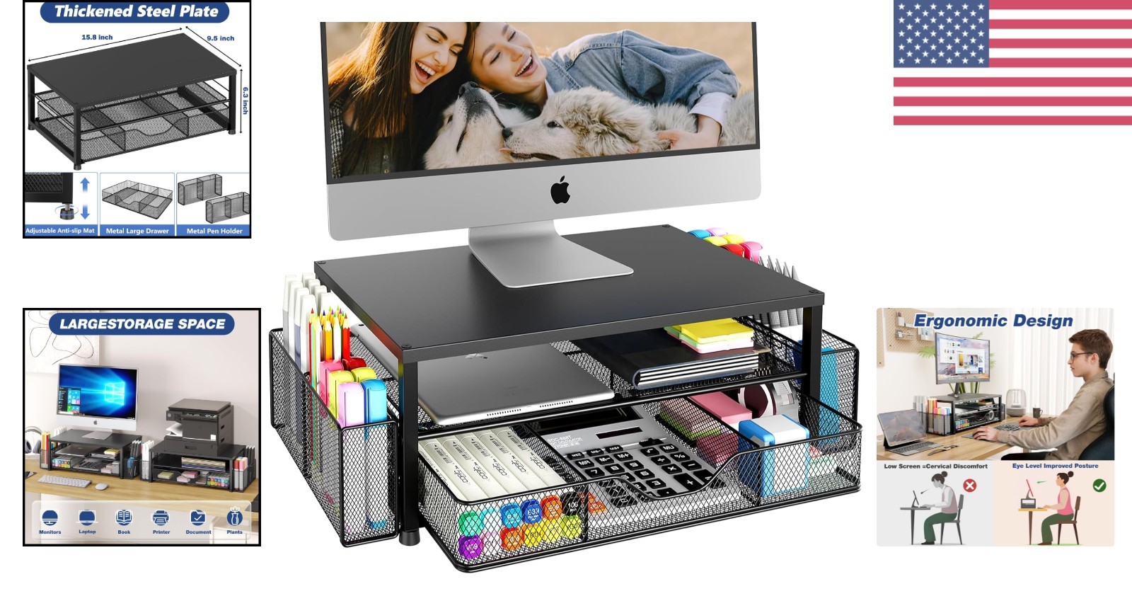Ergonomic 2-Tier Desk Organizer Monitor Stand with Drawer and Pen Holders Black