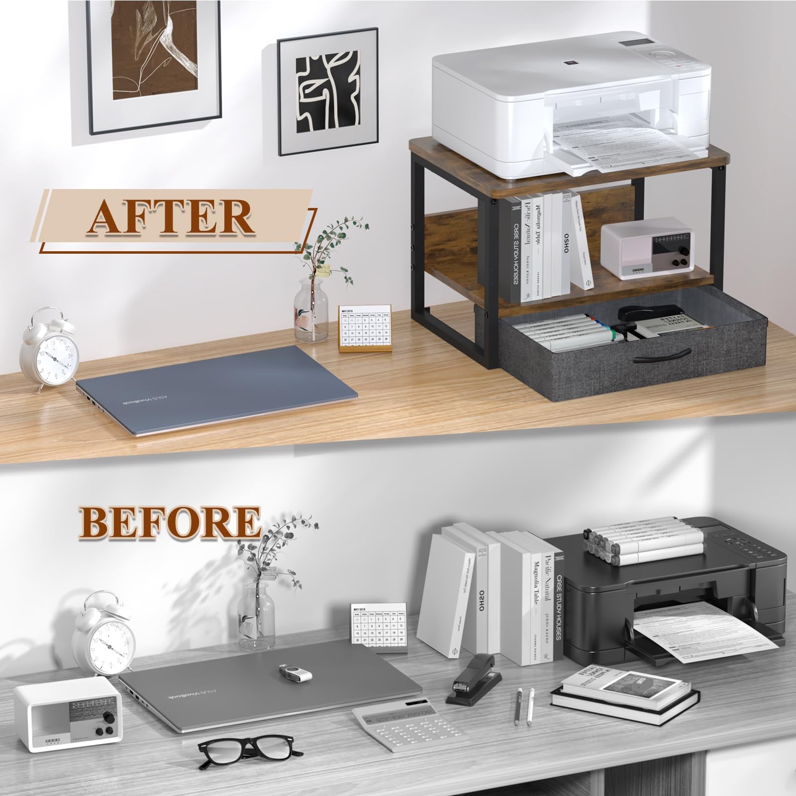 MARTY Printer Stand with Storage Drawer for 2 Tier Drawer, Rustic Brown