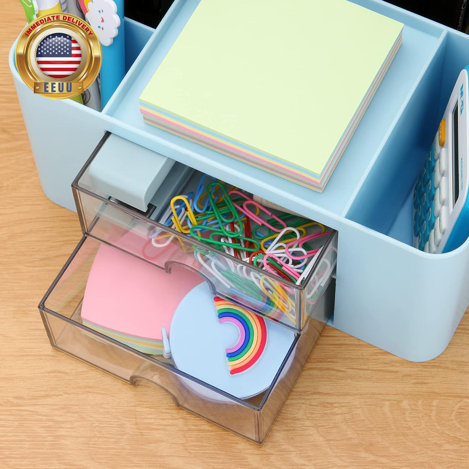 Desk Organizer with 2 Drawer, Plastic Desktop Pen Pencil Card Holder Storage Box