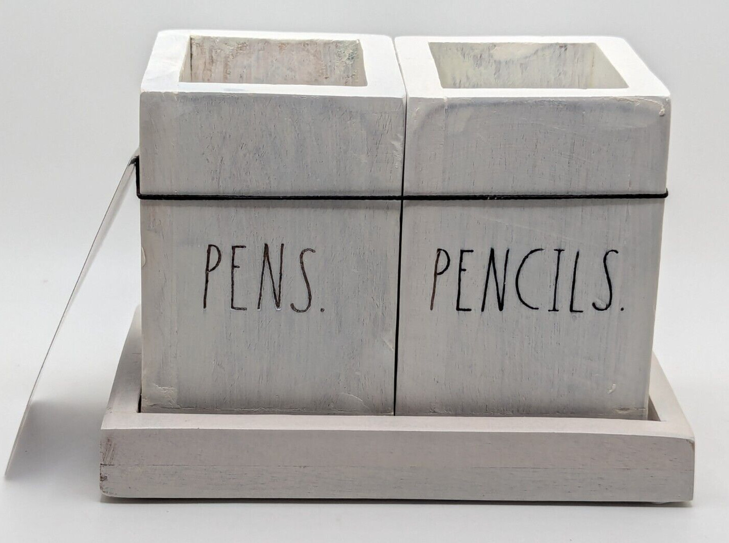 NEW Rae Dunn Wooden Pen and Pencil Holder with Base Tray White Wash Color