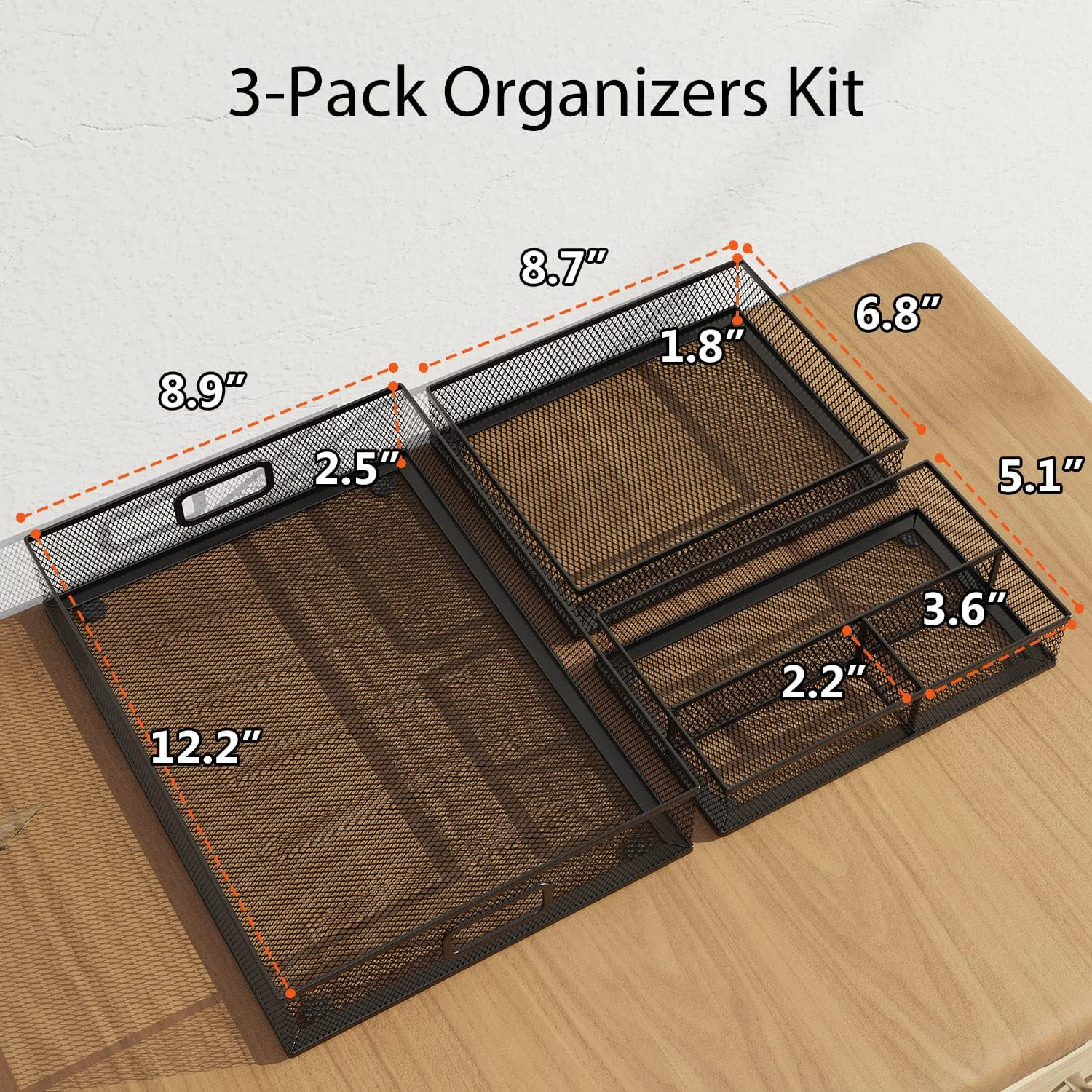 Desk Drawer Organizer Set, 3 Pcs Metal Mesh Office Drawer Organizers, Paper Orga