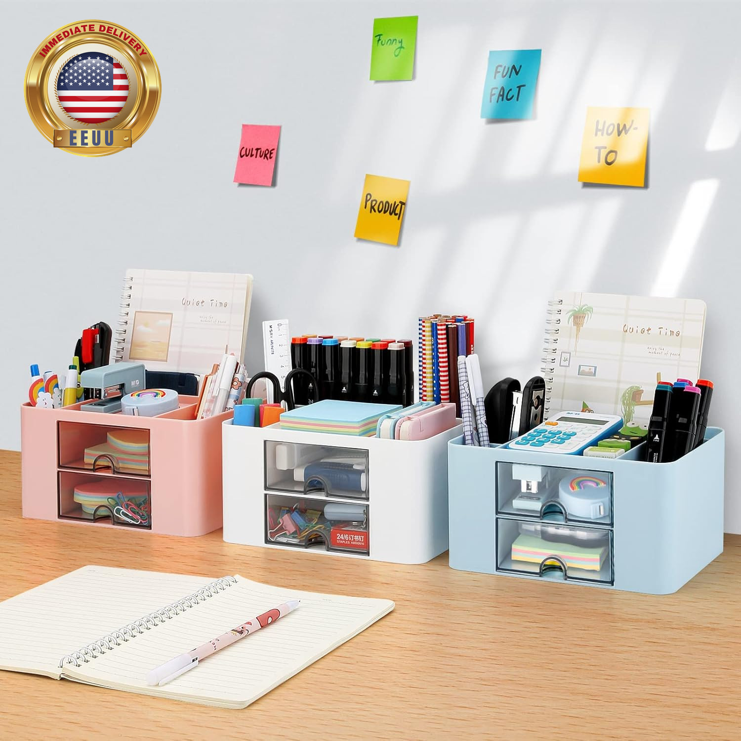 Desk Organizer with 2 Drawer, Plastic Desktop Pen Pencil Card Holder Storage Box