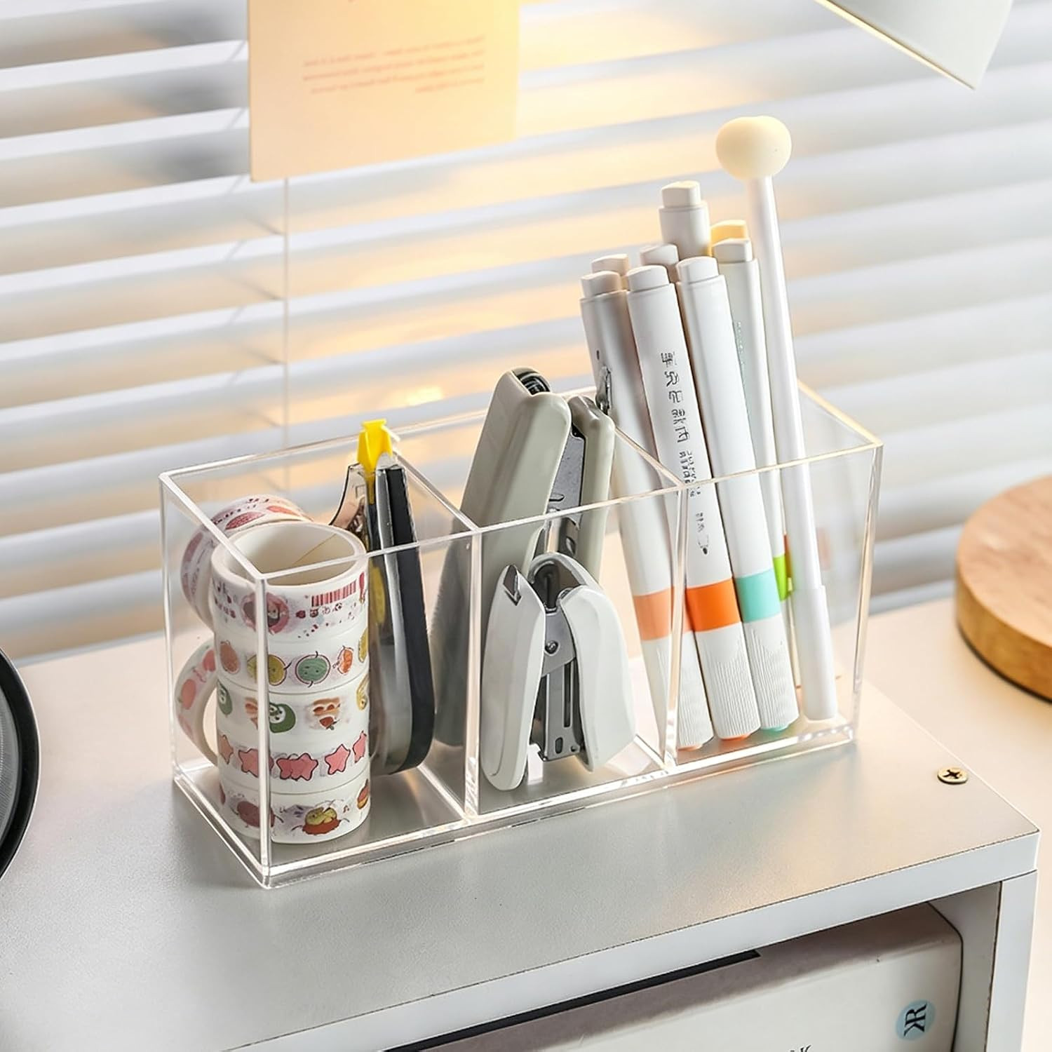 Acrylic Desk Organizer with 3 Compartments, Clear Pen Holder for Pencils and Mar