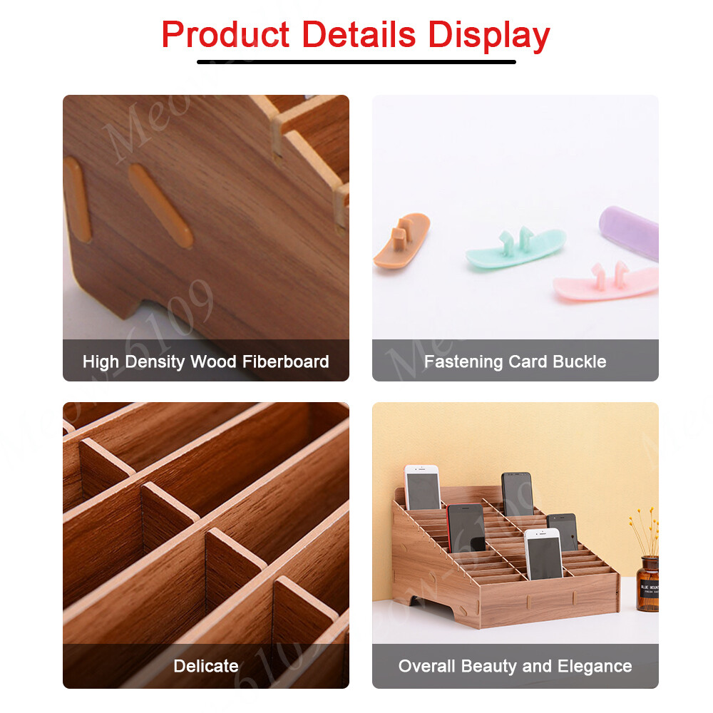 60 Slot Lattices Top Desk Organizer DIY Wooden Phone Holder Pen Box Storage Case