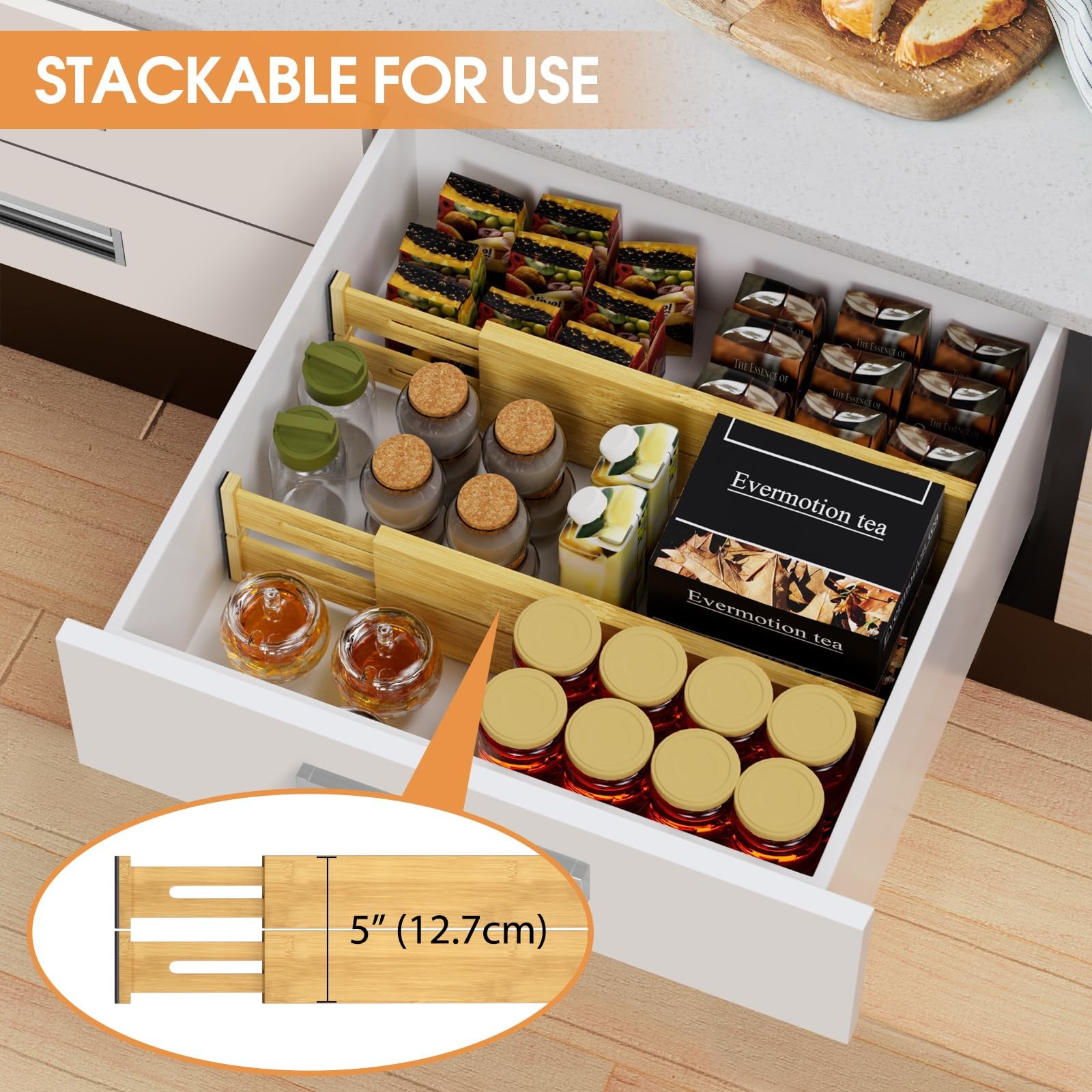 Ryqtop Bamboo Drawer Dividers Organizers, Kitchen 12-17 IN,