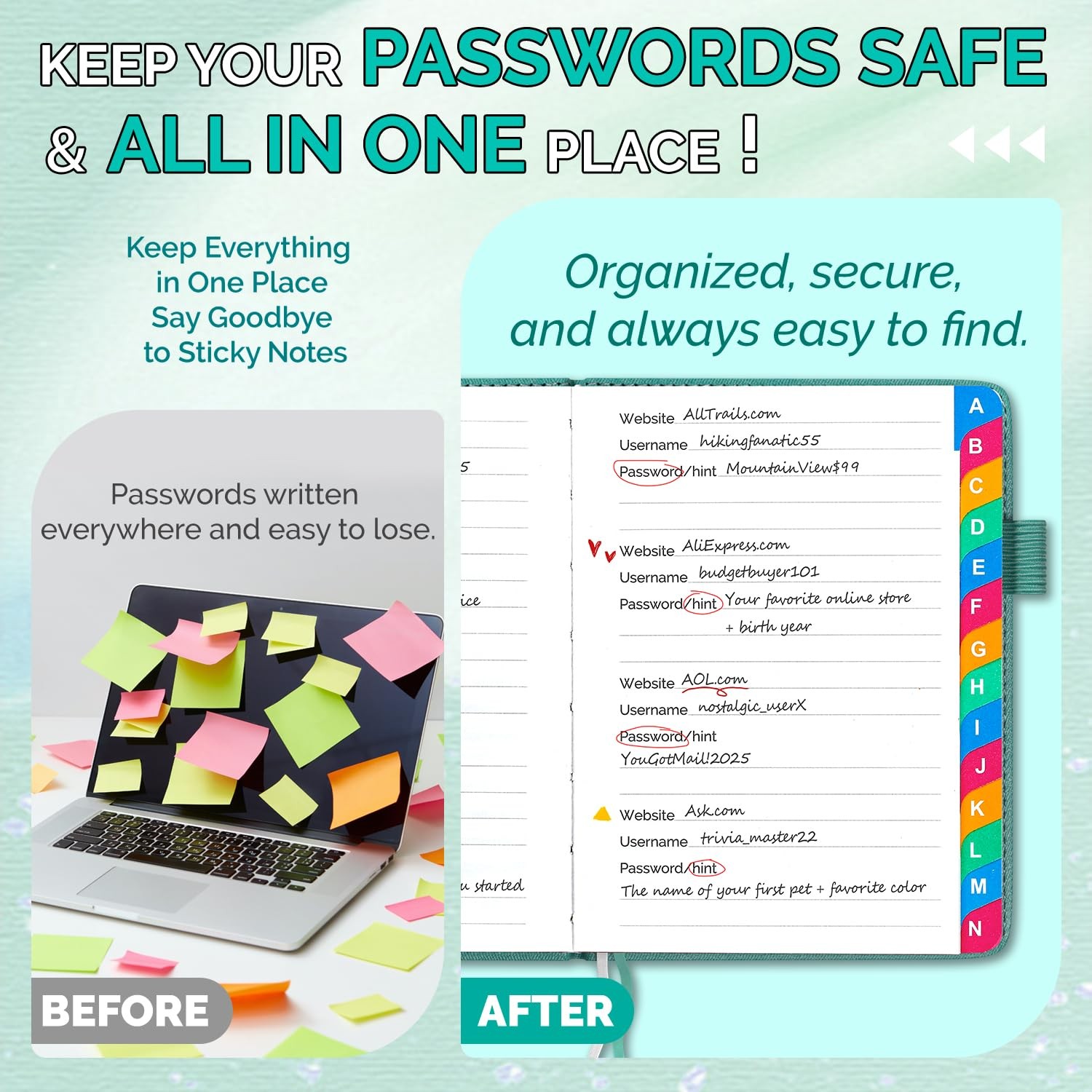 Witsbrez Password Keeper Book with Colorful 4.7”x6.2”, Turquoise