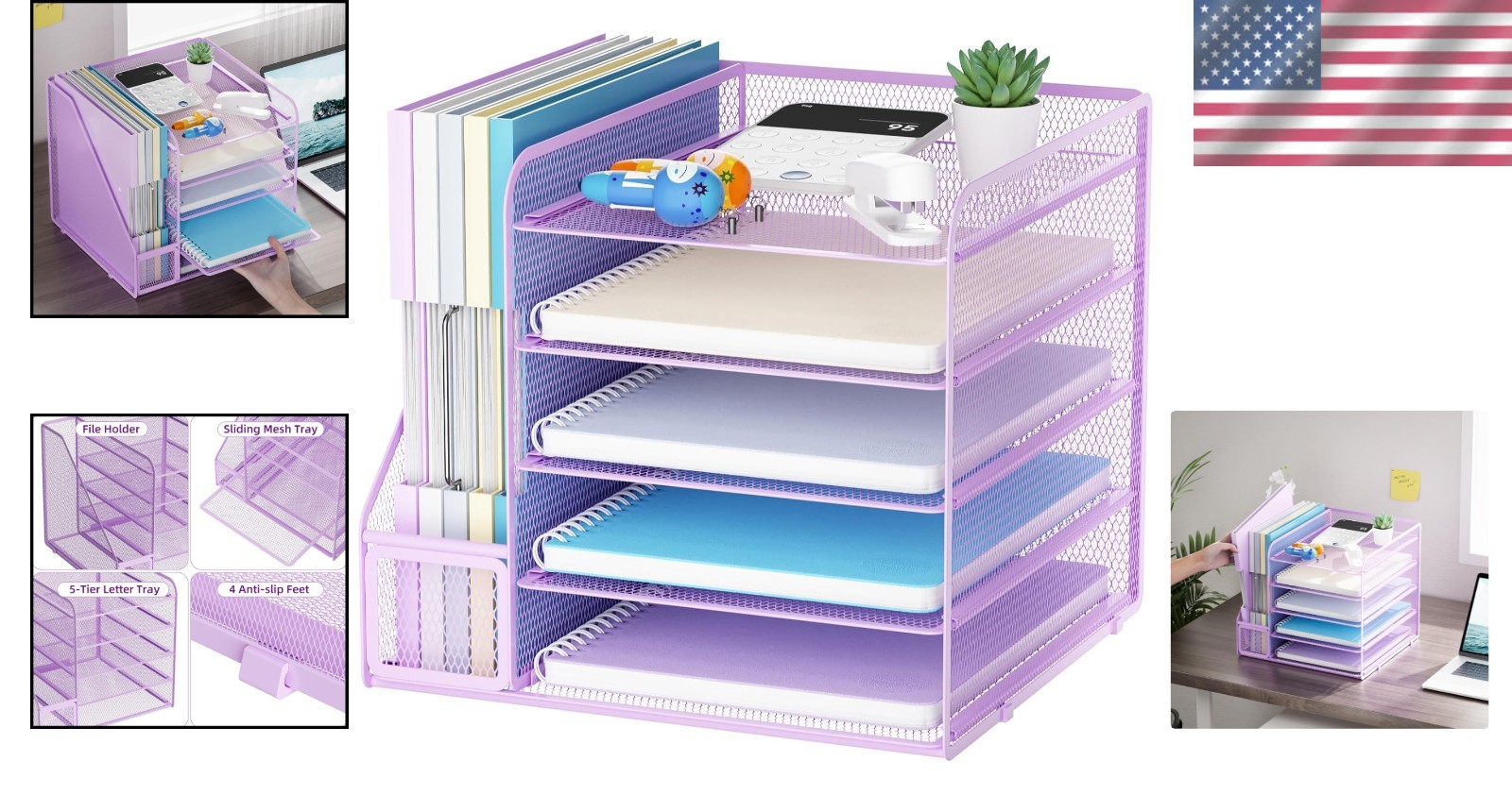 Elegant 5-Tier Purple Letter Tray with Integrated File Holder for Offices