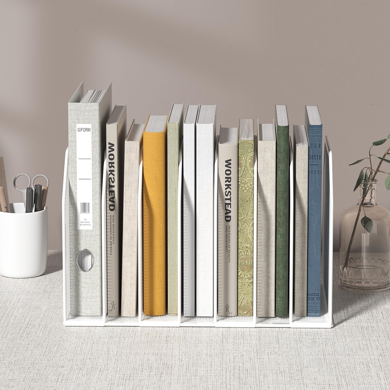 White 5Section Metal Vertical Desk File Folder Organizer Stand 8.5×9.3 Inch